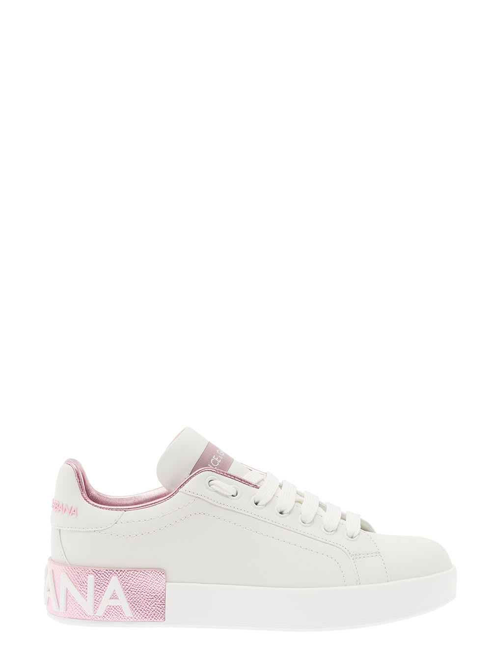 Shop Dolce & Gabbana Portofino White And Pink Low Top Sneakers With Logo In Leather Woman