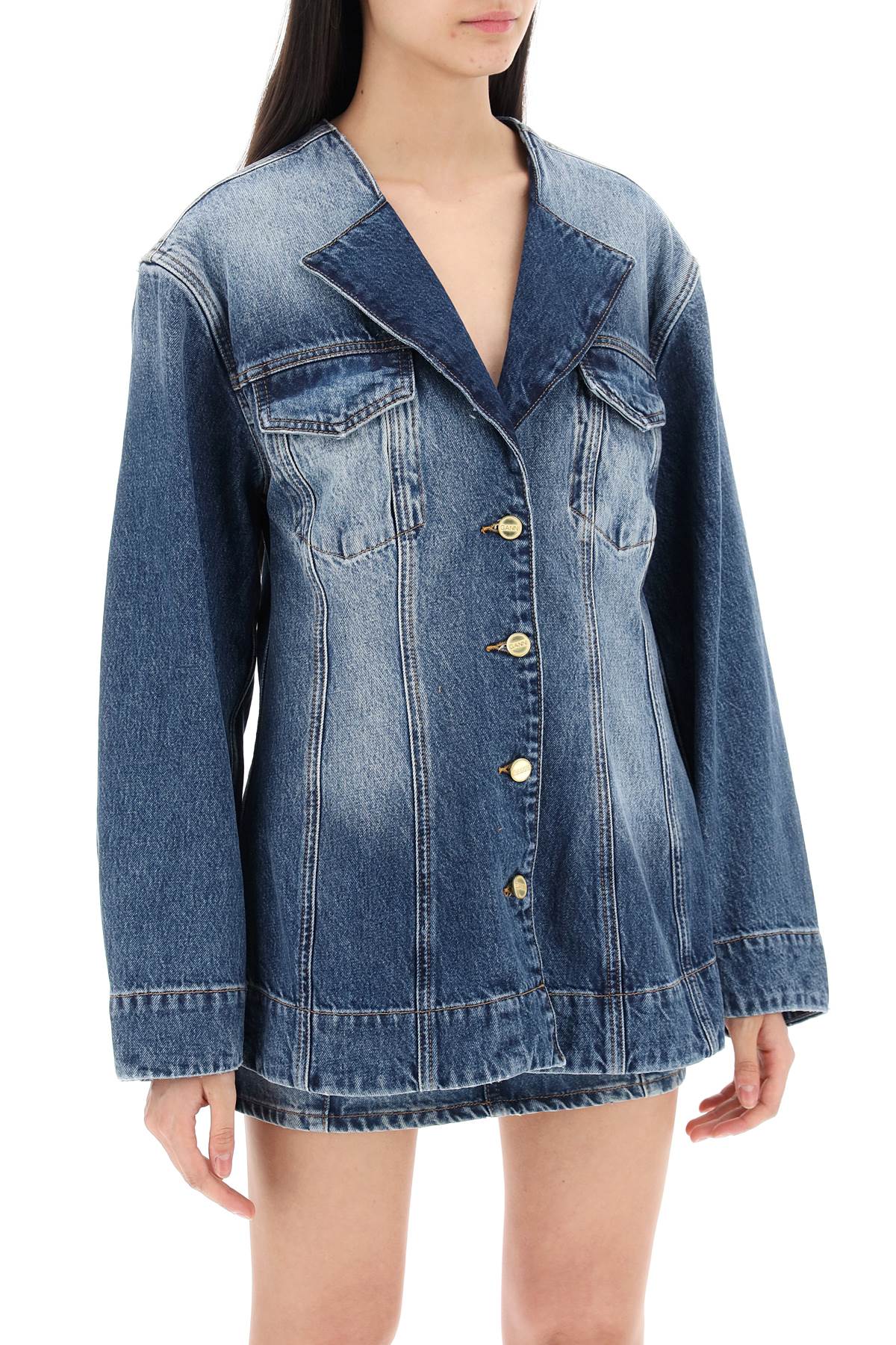 Shop Ganni Denim Blazer With Sparkle In Tint Wash (blue)