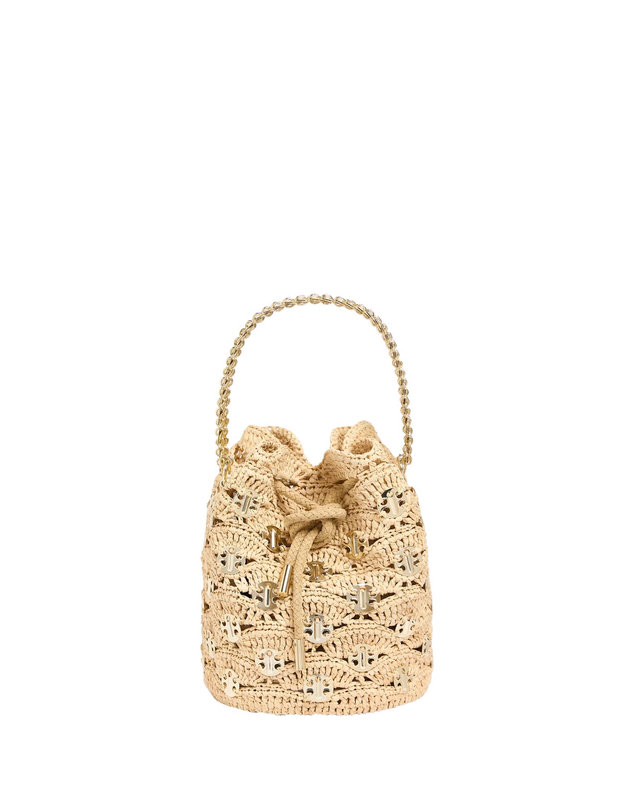 Shop Rabanne Paco Bucket Bag In Natural Raffia With 1969 Discs In Beige