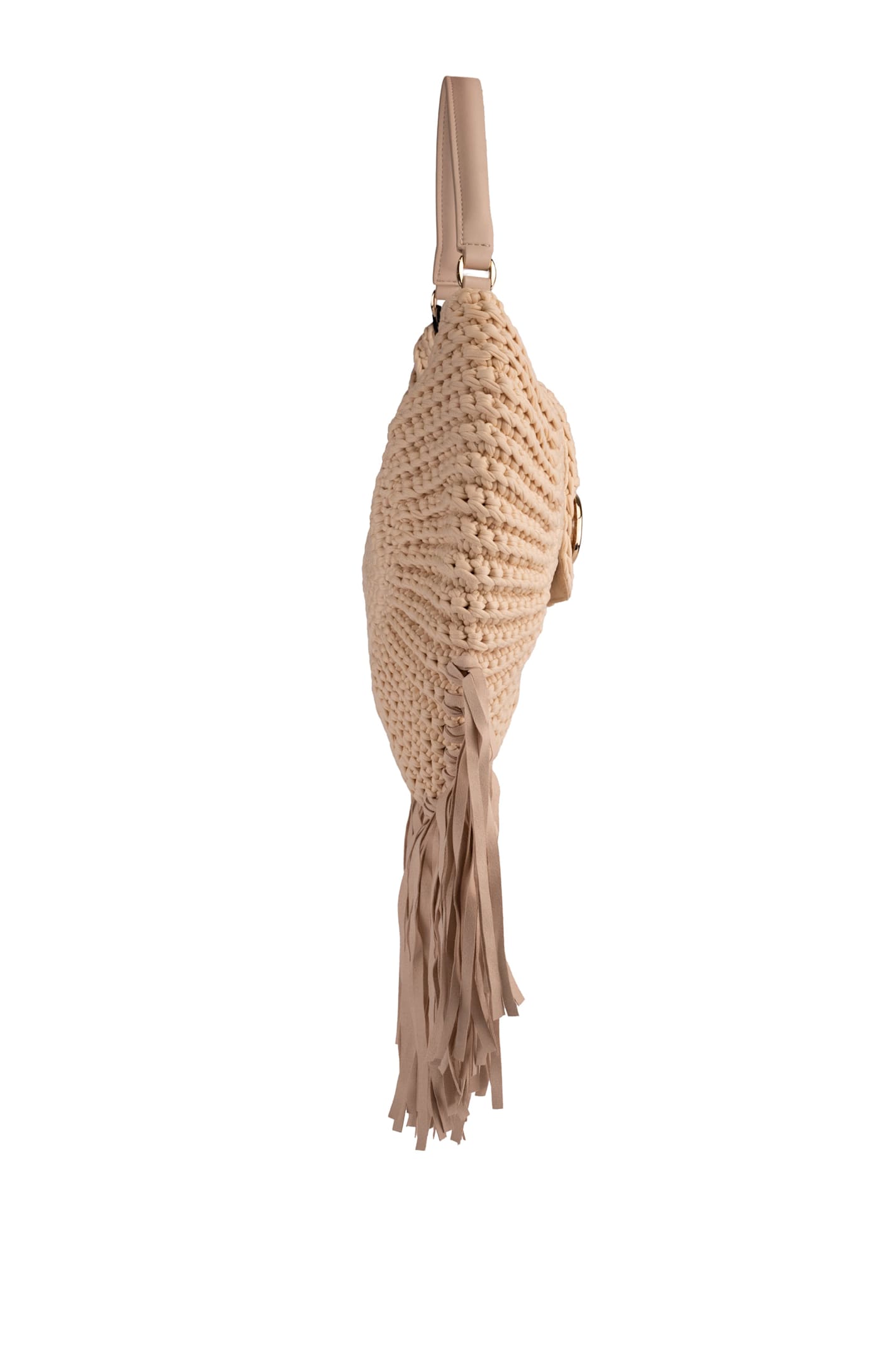 Twinset Hobo Shoulder Bag With Fringes In Naturale
