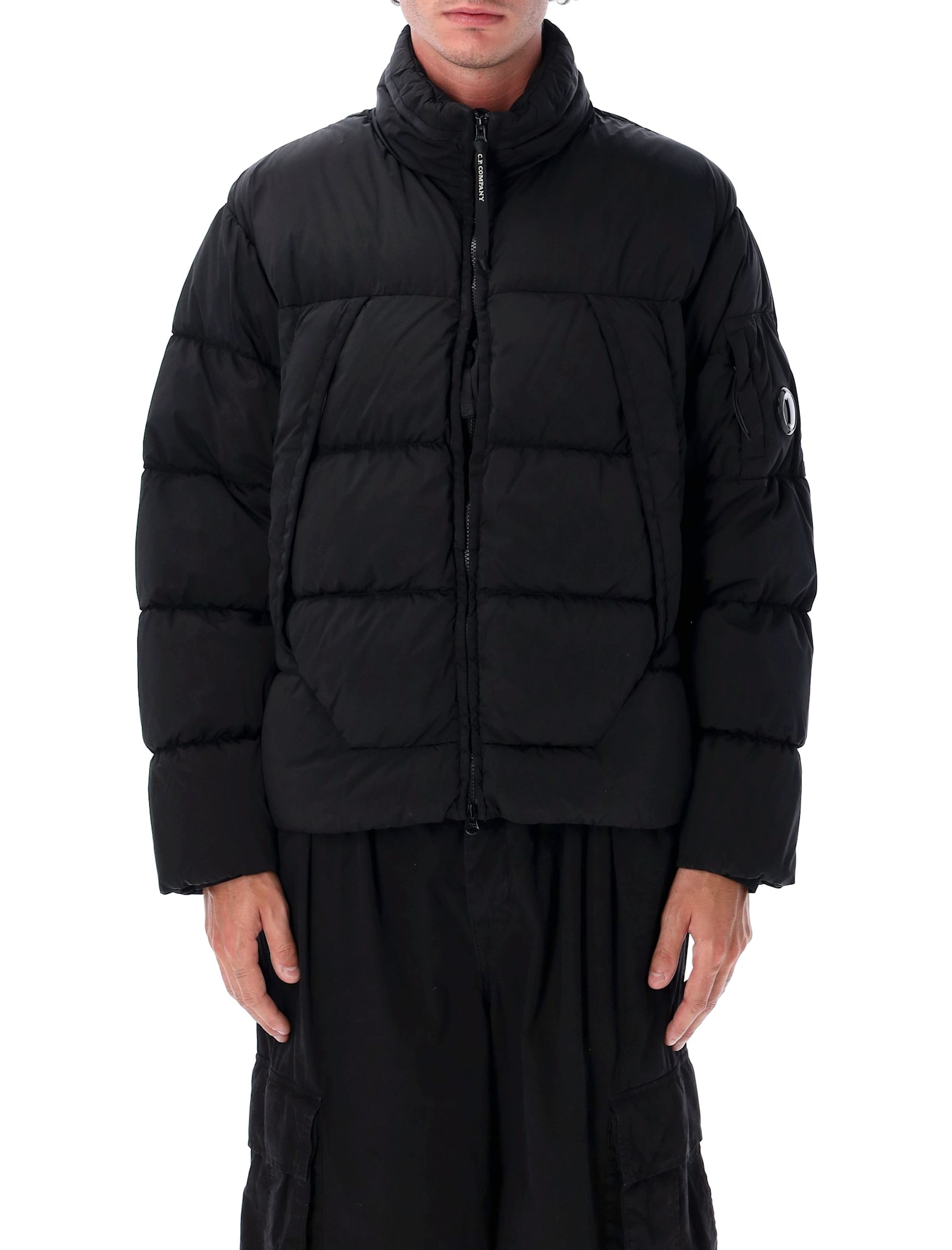 C.p. Company Quilted Down Jacket With High Collar And Logo Patch In Black