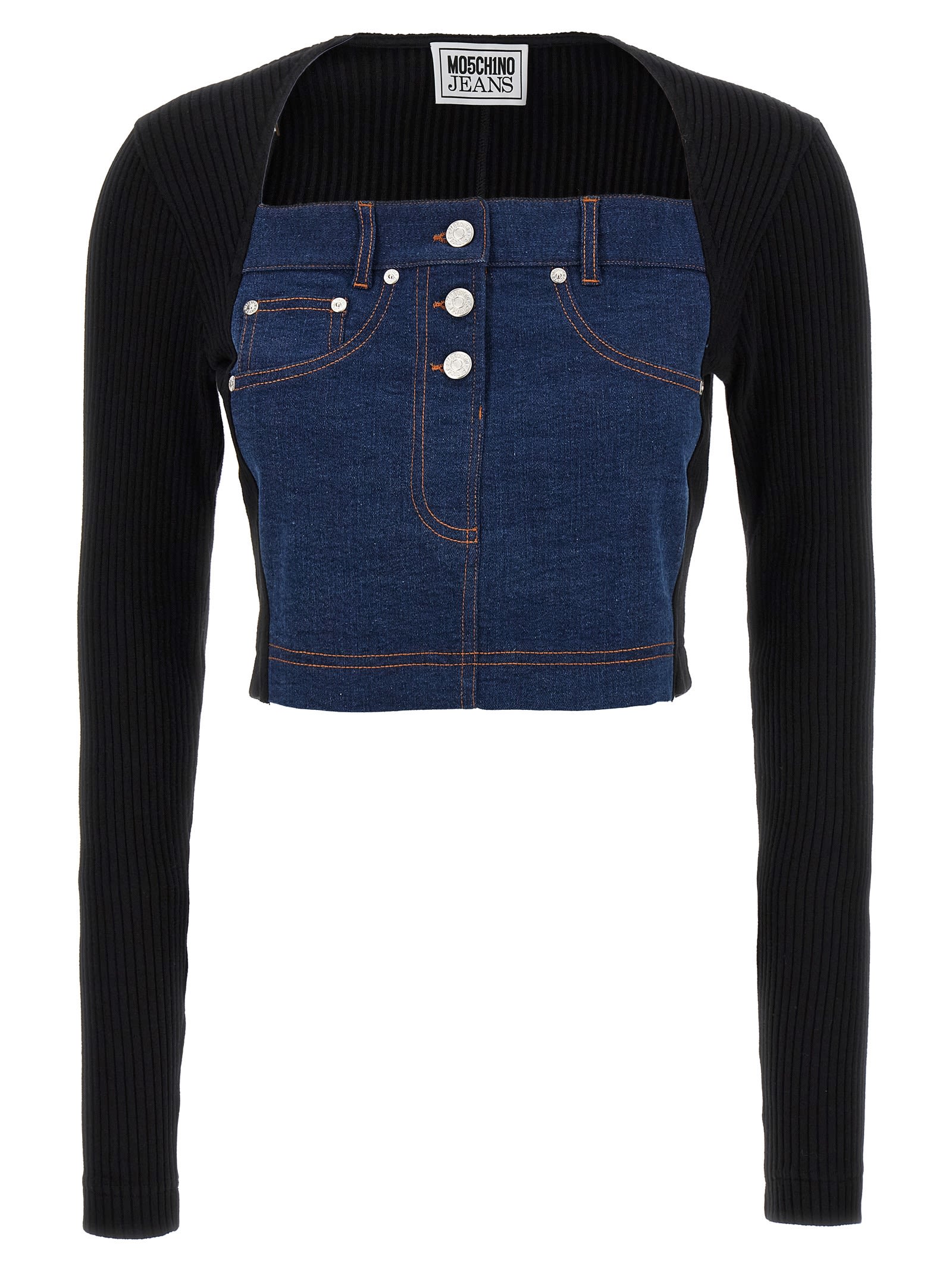 Shop M05ch1n0 Jeans Denim Top And Ribbed Knit In Black/blue
