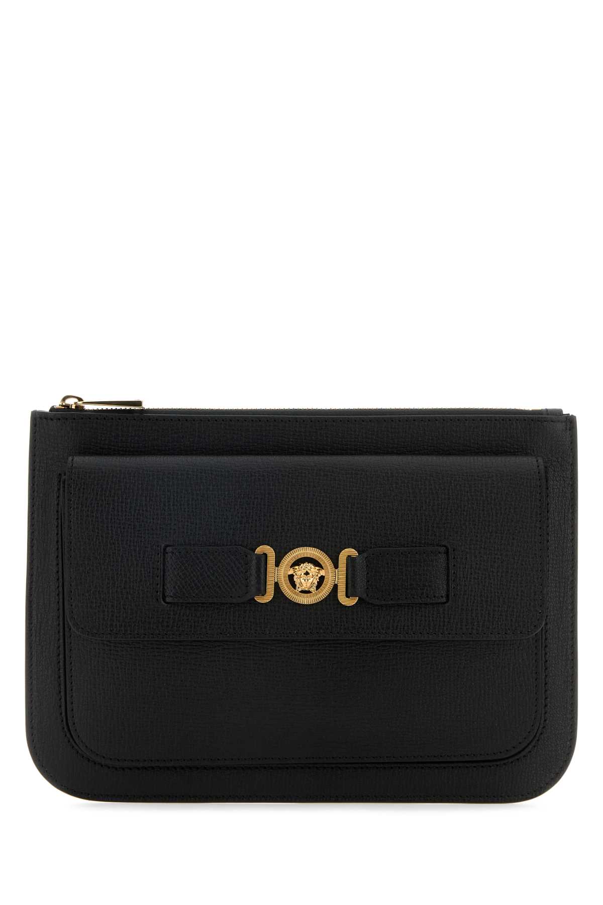 Black Leather Medusa Biggie Clutch