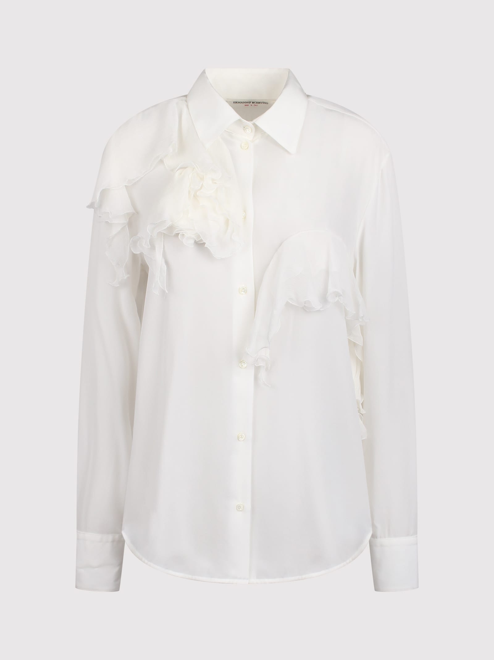 Ermanno Scervino Ruffled Satin Silk Shirt In White