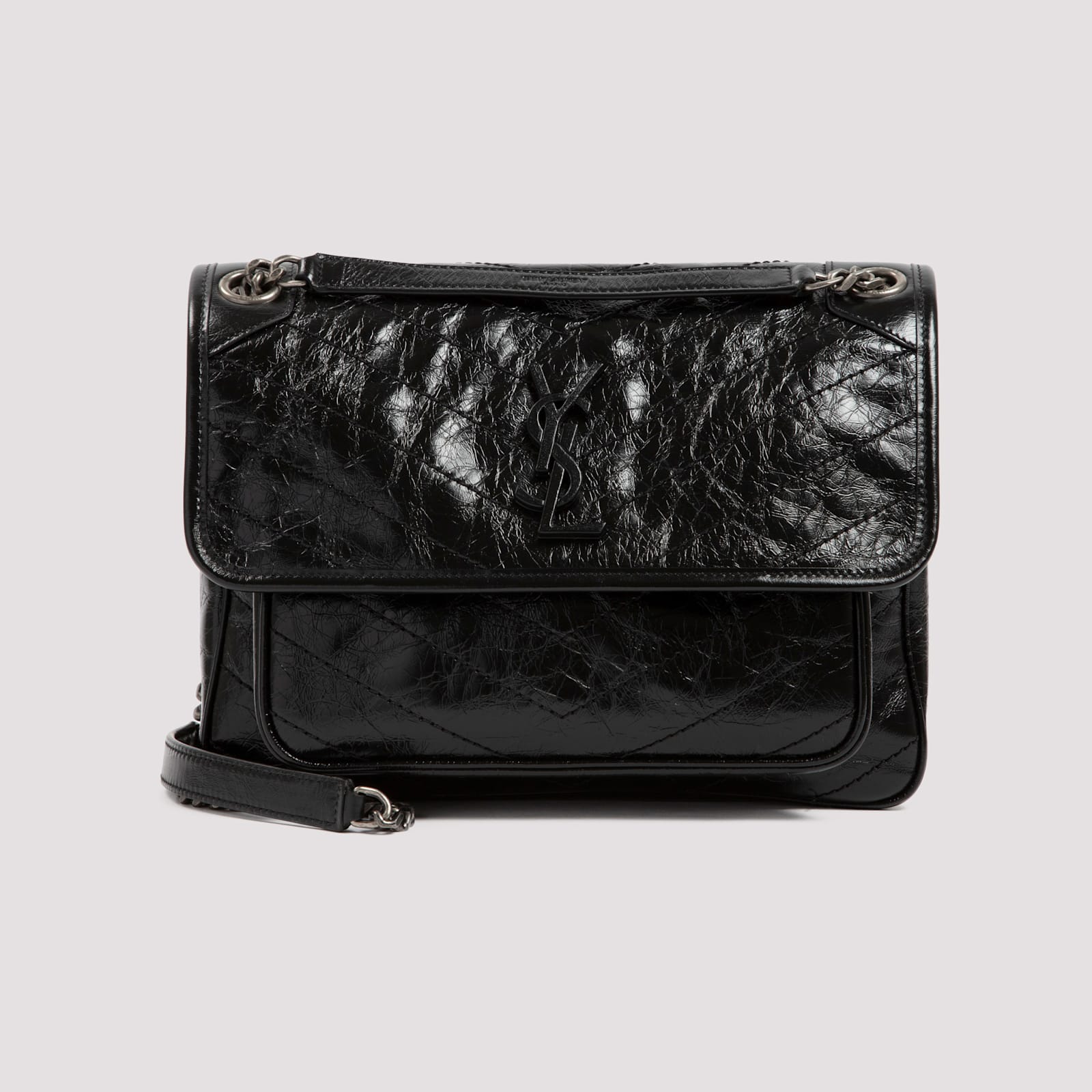 Saint Laurent Niki Medium Flap Ysl Shoulder Bag In Crinkled Leather In Black