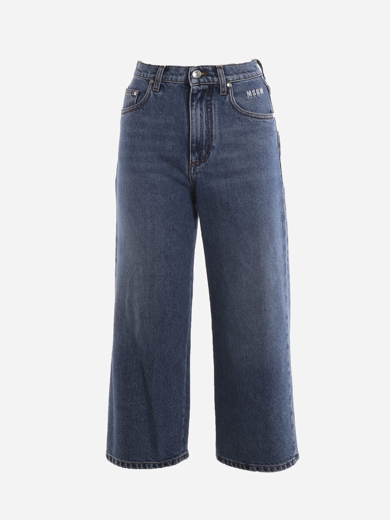 MSGM Cropped Cotton Denim Jeans With Logo