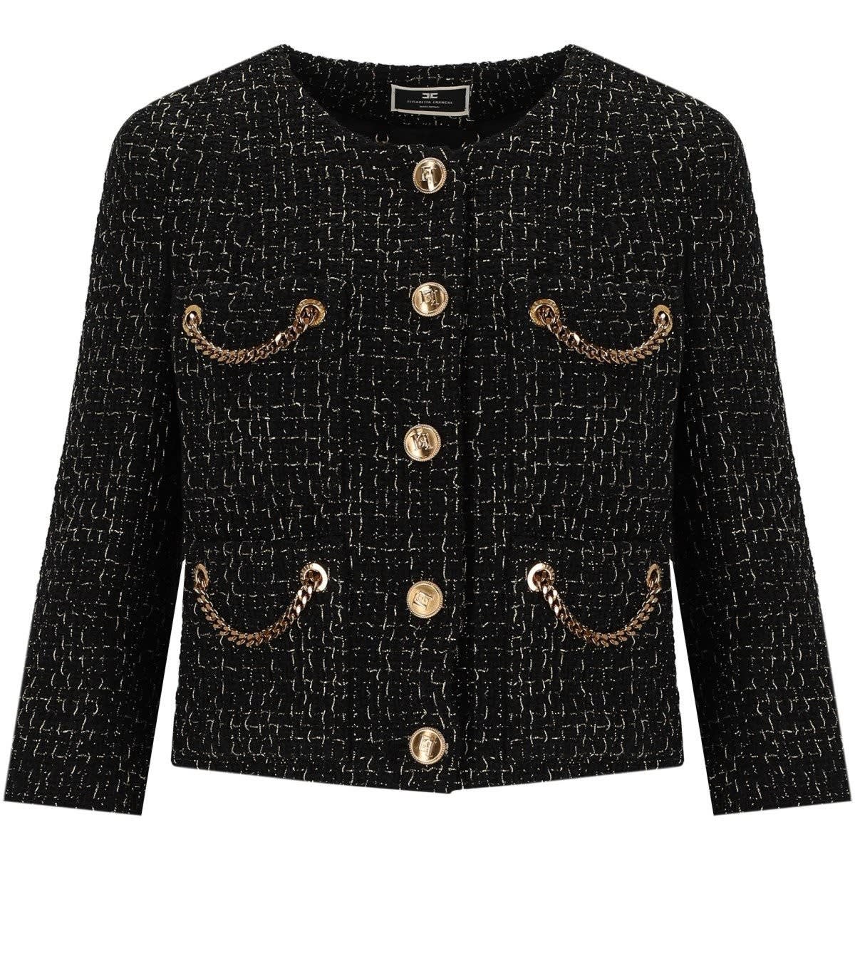 Shop Elisabetta Franchi Short Lurex Tweed Jacket With Chains In Nero