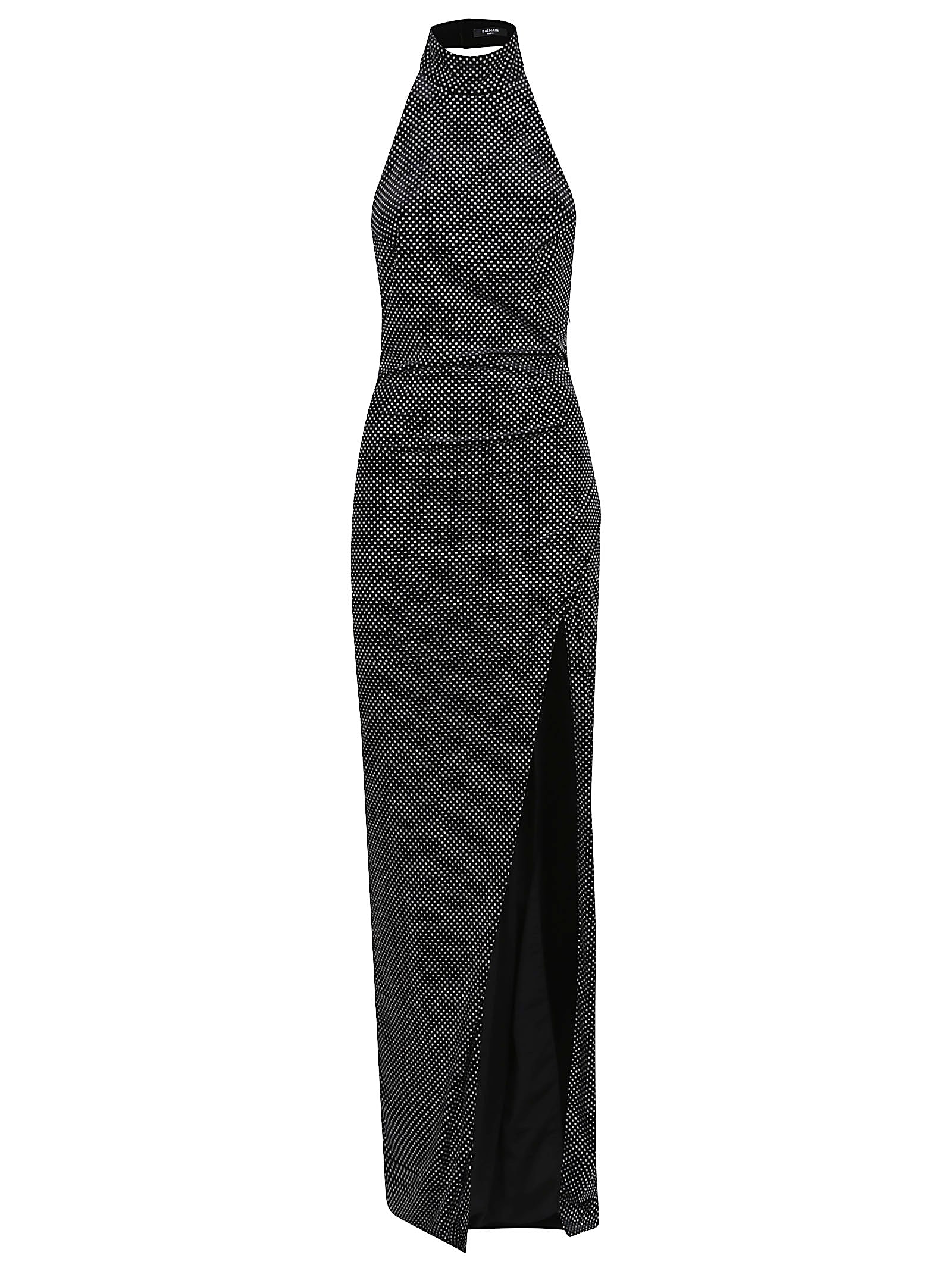 Balmain Velvet Rhinestone Halterneck Long Dress In Gray