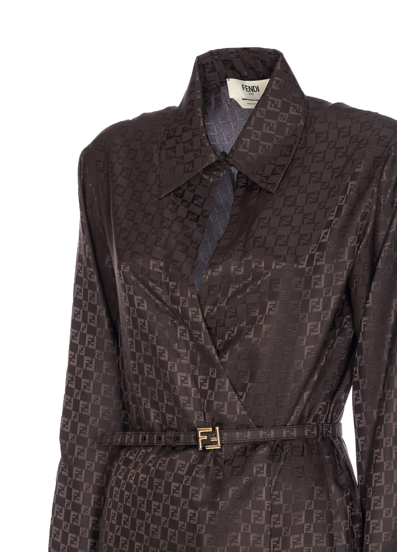 Fendi Silk Chess Ff Long Sleeve Midi Dress Dresses Brown In Brown