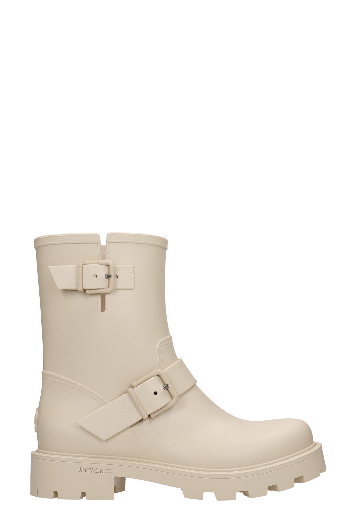 JIMMY CHOO YAEL COMBAT BOOTS IN BEIGE RUBBER/PLASIC