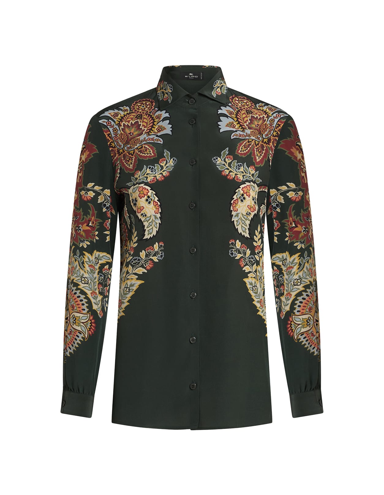 Shop Etro Dark Green Silk Shirt With Print