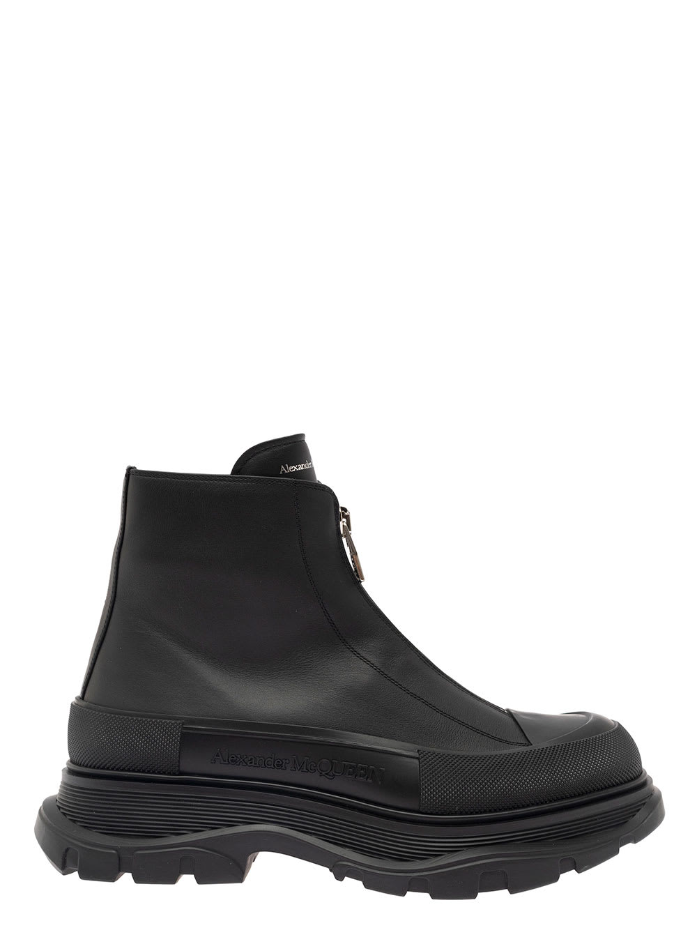 Shop Alexander Mcqueen Black Zip-up Ankle Boots And Embossed Logo In Leather Man In Nero