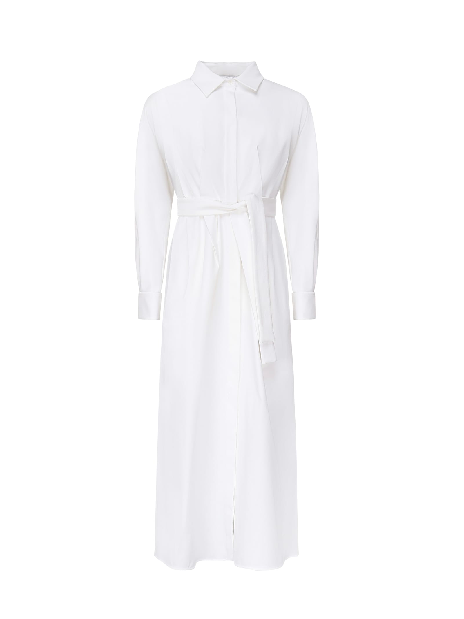 Max Mara White Maxi Dress With Classic Collar And Belted Waist In White