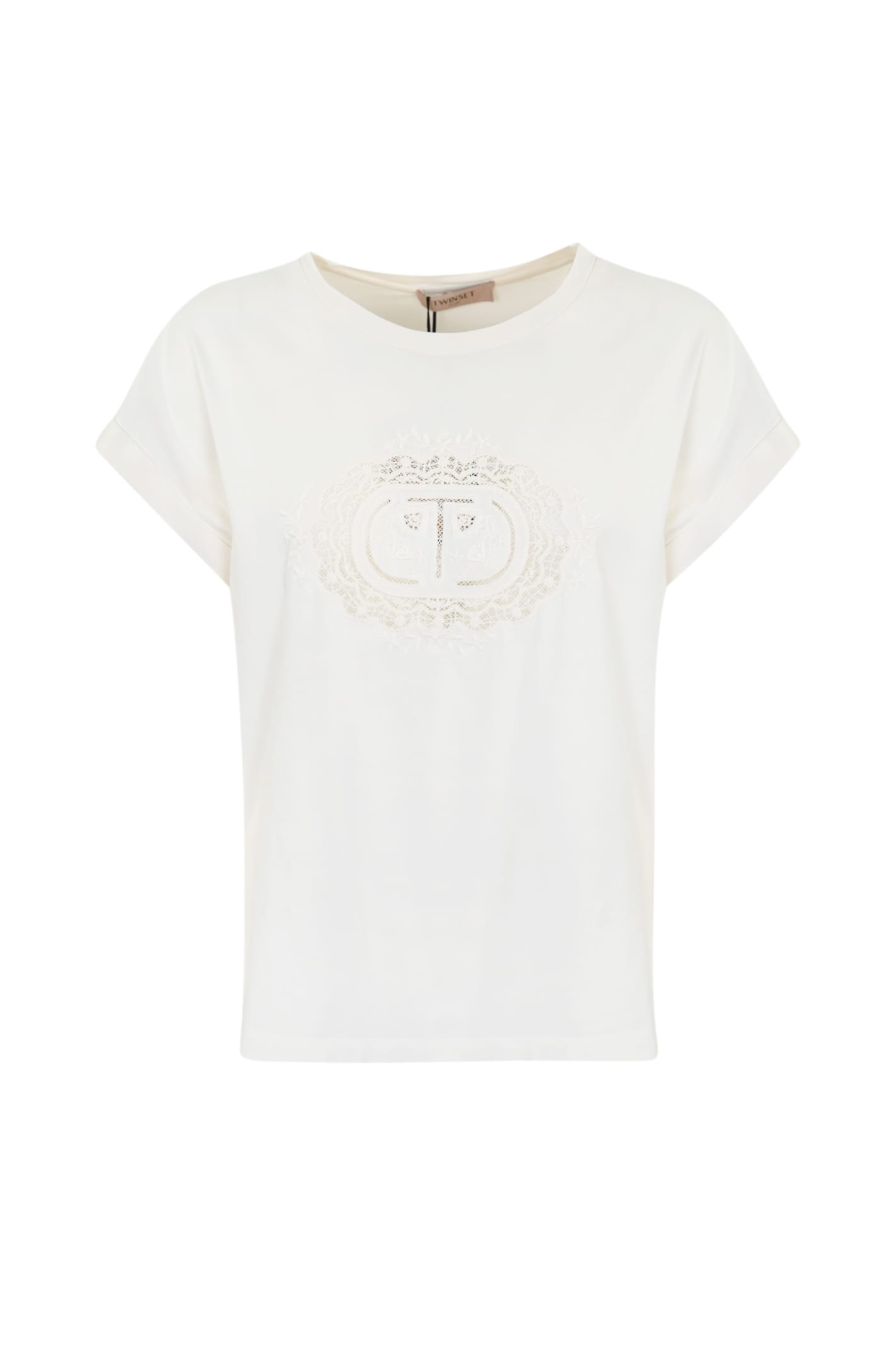 Shop Twinset T-shirt With Lace Logo In Bianco Ottico