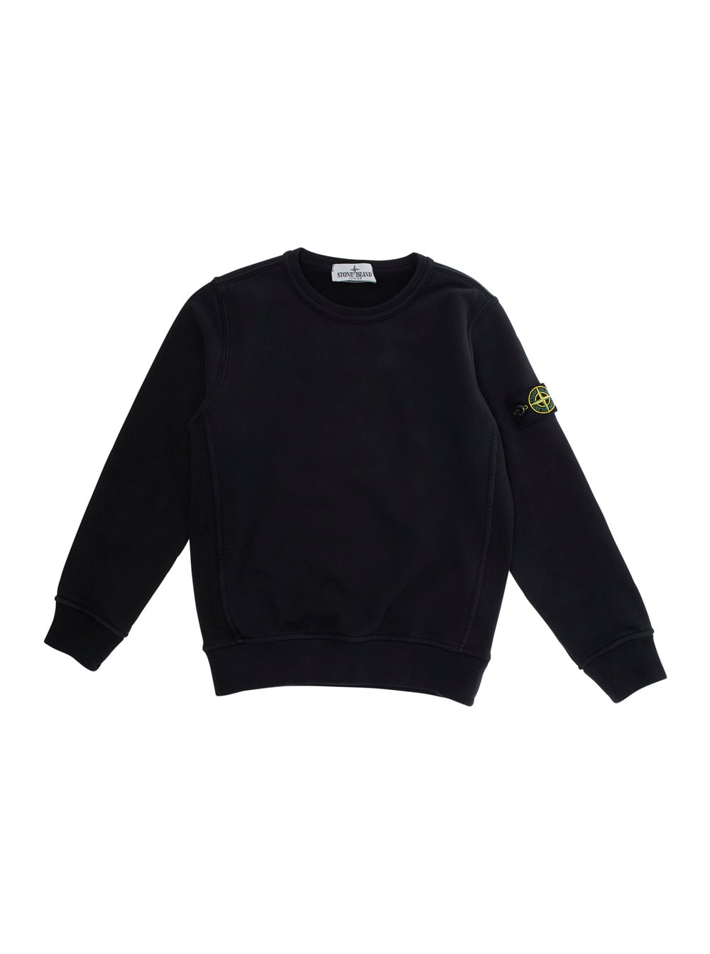 Stone Island Black Crewneck Sweatshirt With Logo Patch On The Sleeve In Cotton Boy In Black