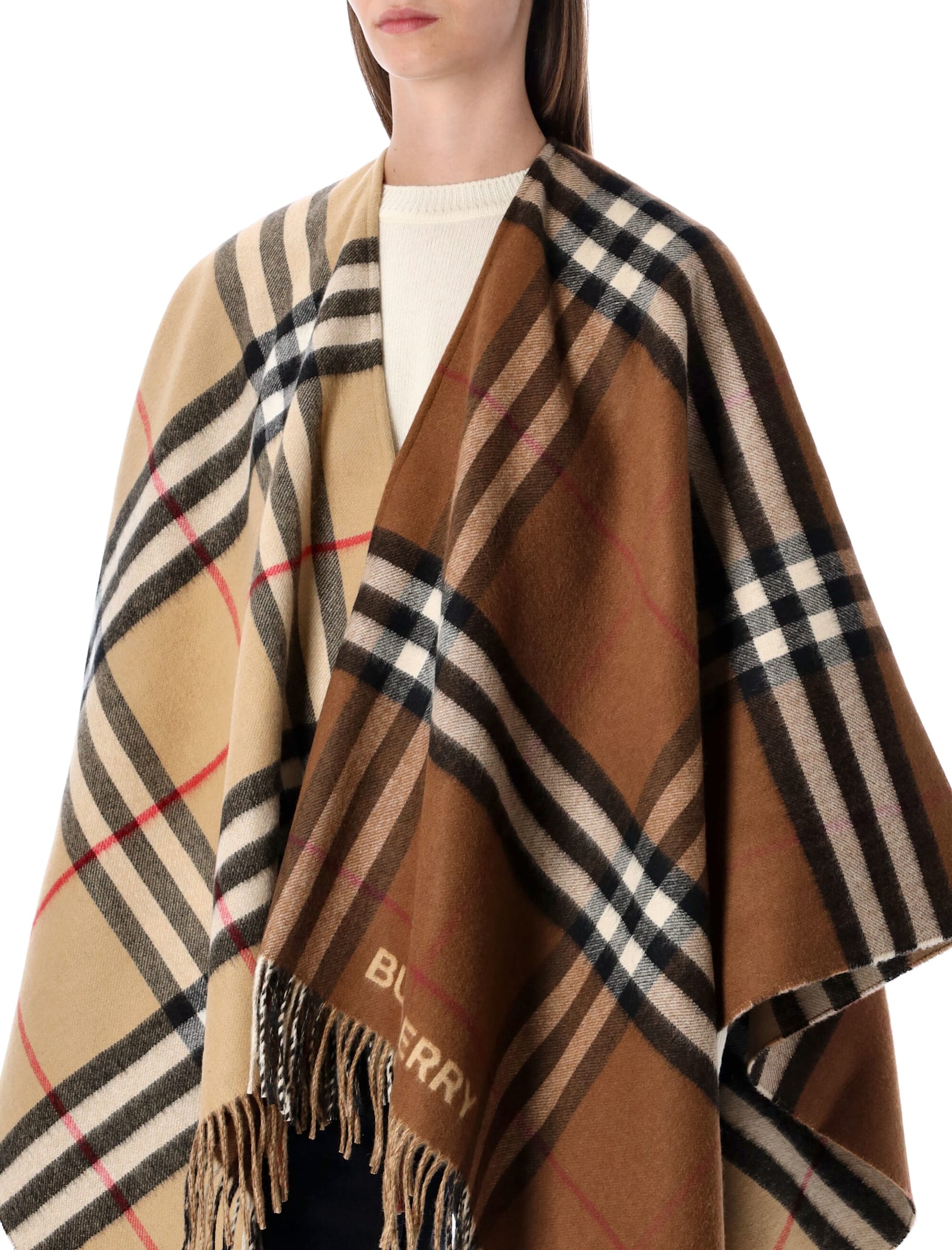 Burberry Wool Cashmere Cape With Contrast  Check In Multi