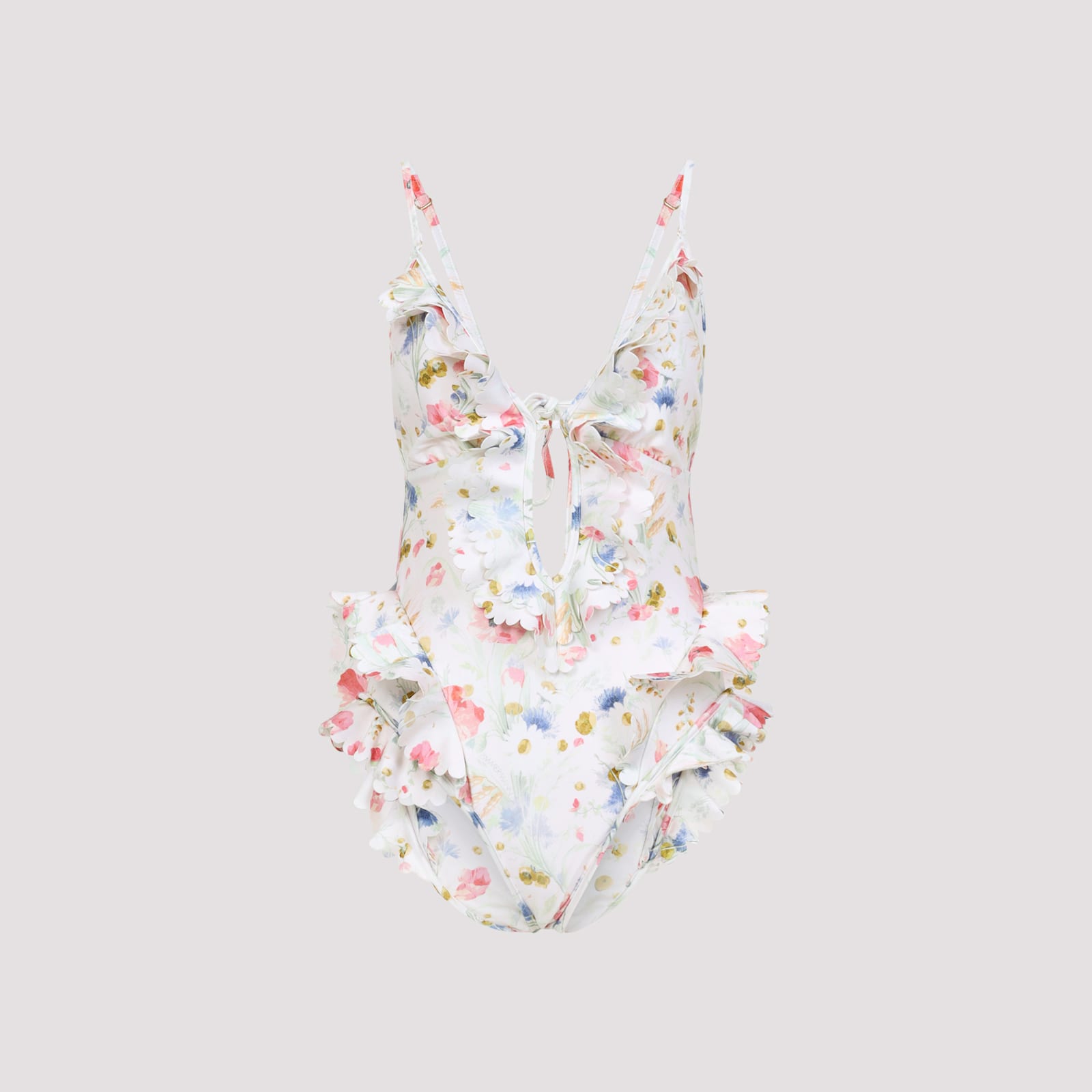 Zimmermann Multicolour Floral Swimsuit With Ruffled Edges And Adjustable Ties In White