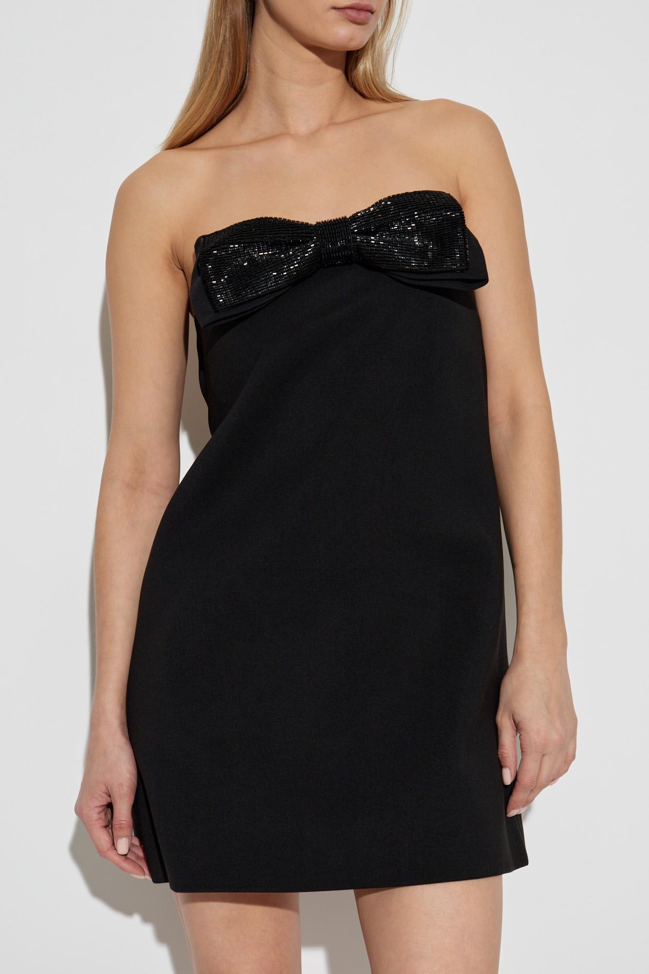 Self-portrait Black Sleeveless Mini Dress With Bandeau And Beaded Oversize Bow In Tech Fabric Woman In Black