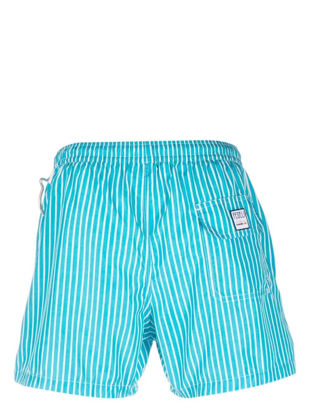 Shop Fedeli Light Blue And White Striped Swim Shorts