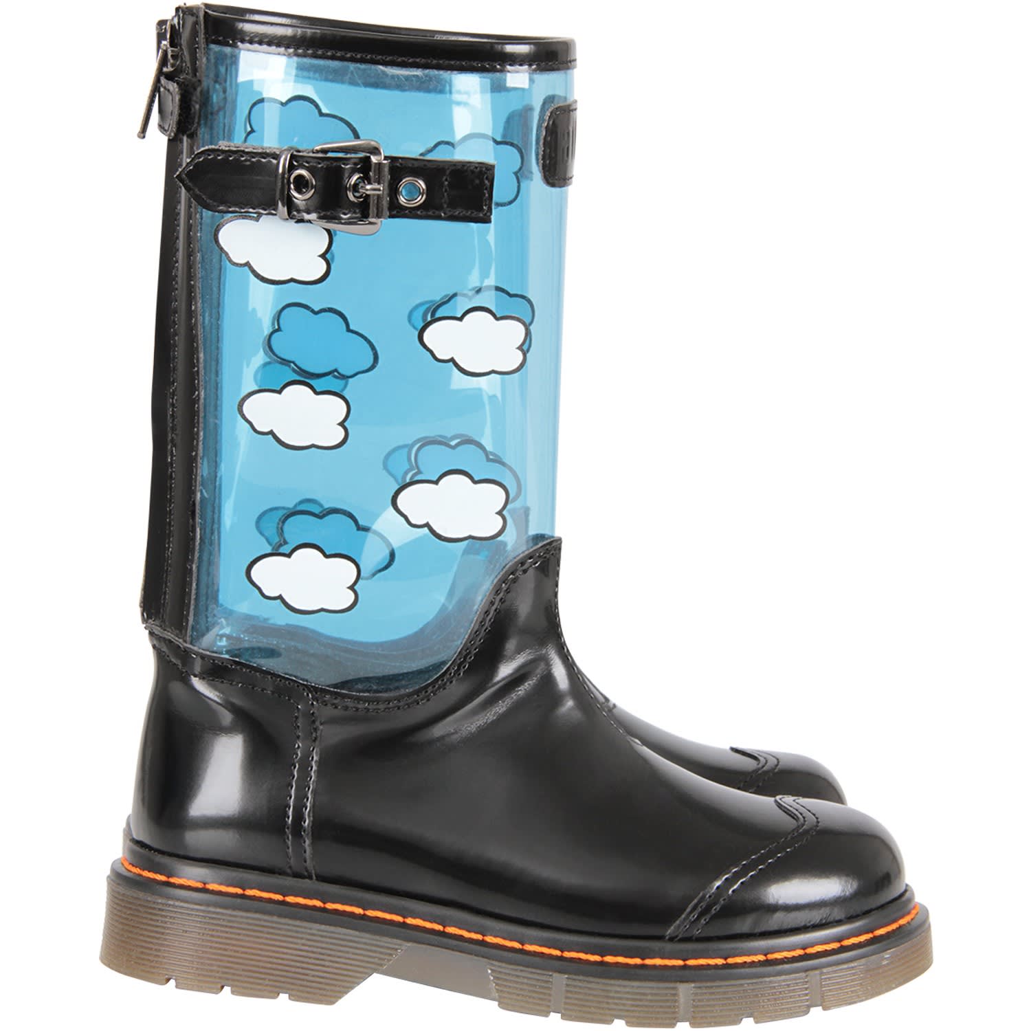 Gallucci Black High Boot With White Clouds For Girl