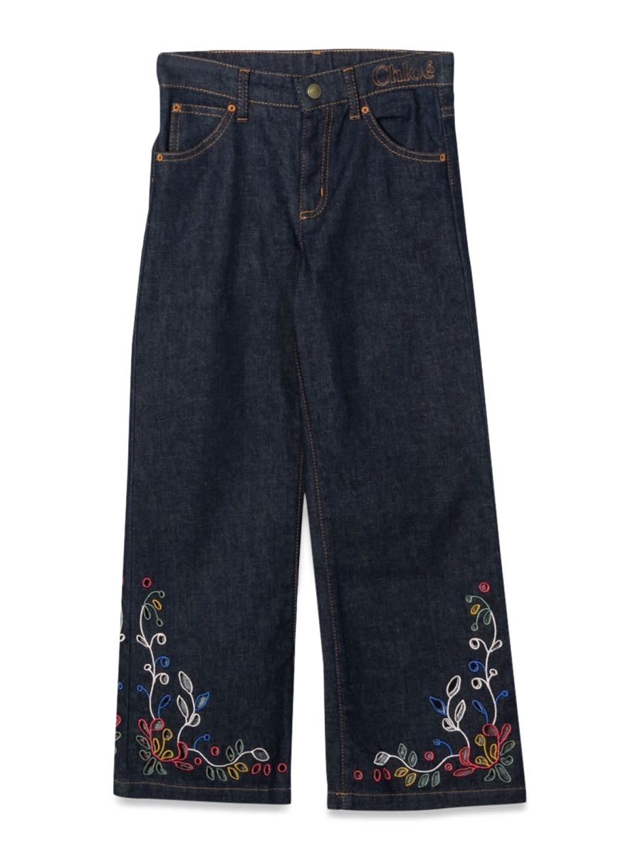 Shop Chloé Wide Bottom Jeans With Embroidery In Denim