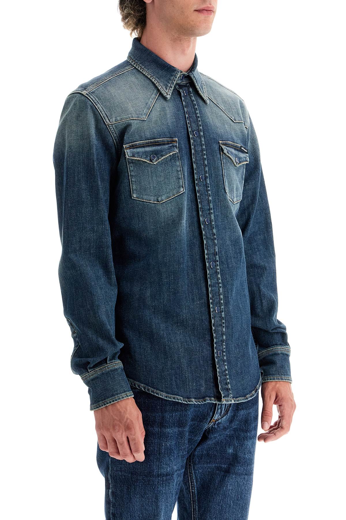 Shop Dolce & Gabbana Denim Stretch Shirt For Men In Variante Abbinata (blue)