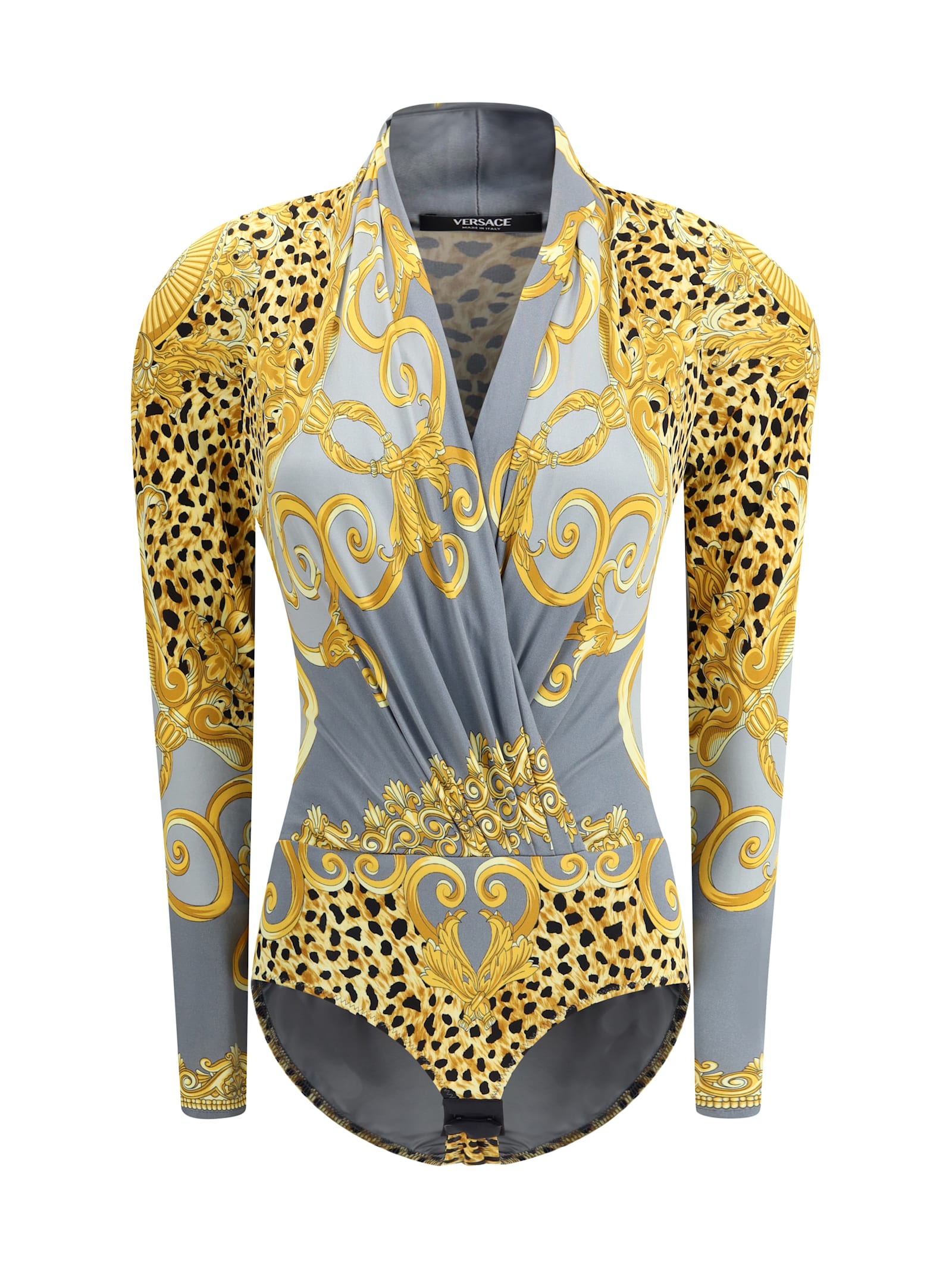 Versace Leopard Draped Bodysuit In Yellow