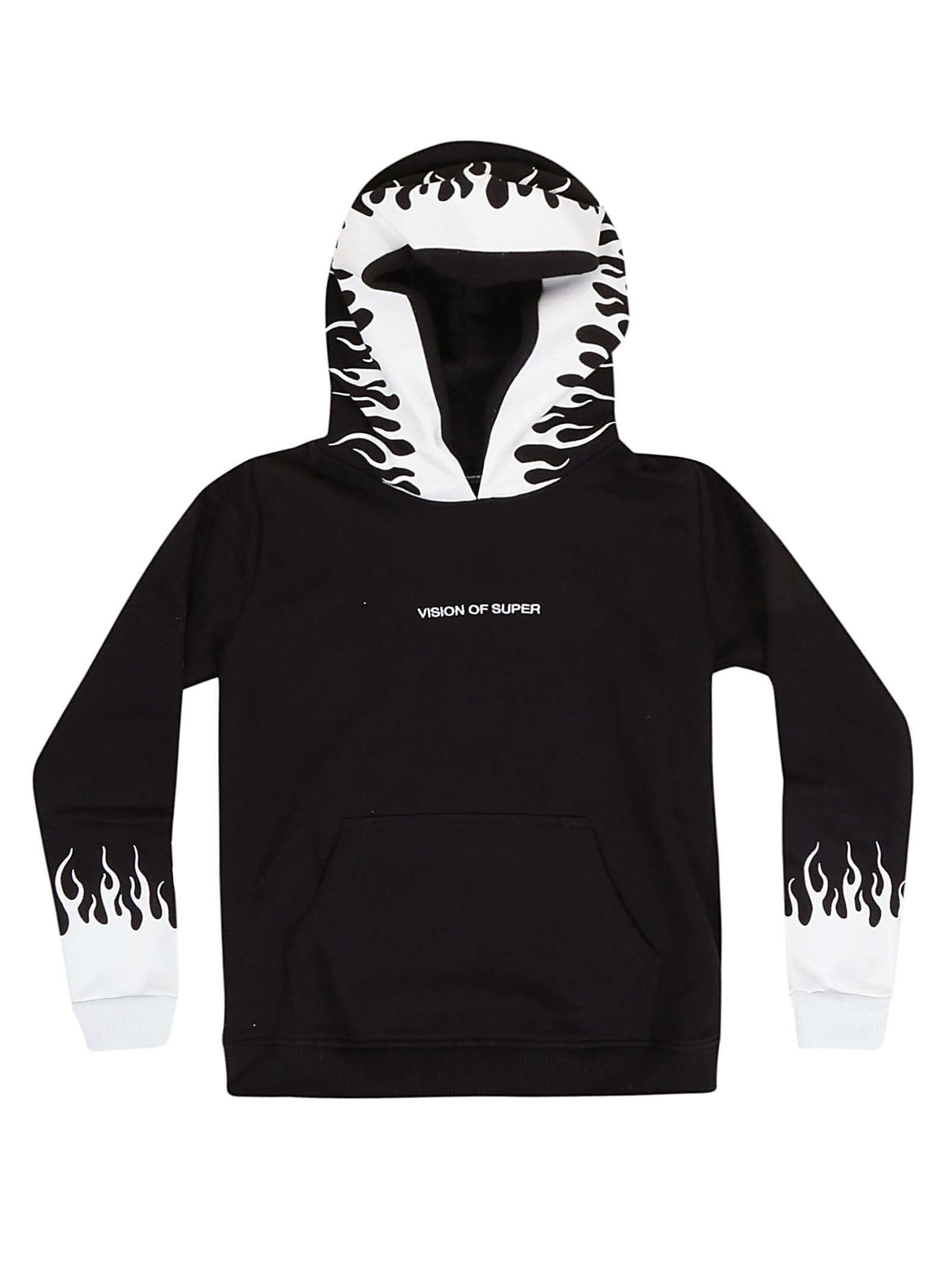 Vision of Super White Cotton Black Hoodie With White Flames
