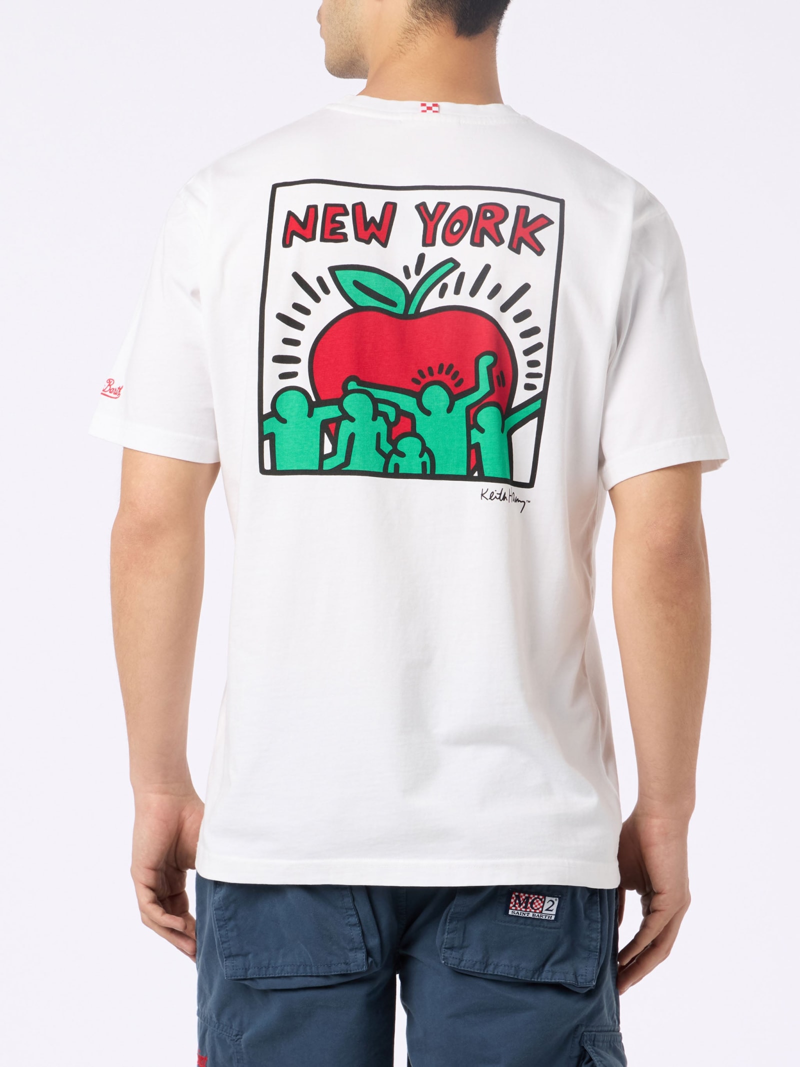 Mc2 Saint Barth Man Cotton T-shirt With Keith Haring Design Front And Back Print Keith Haring Special Edition In White