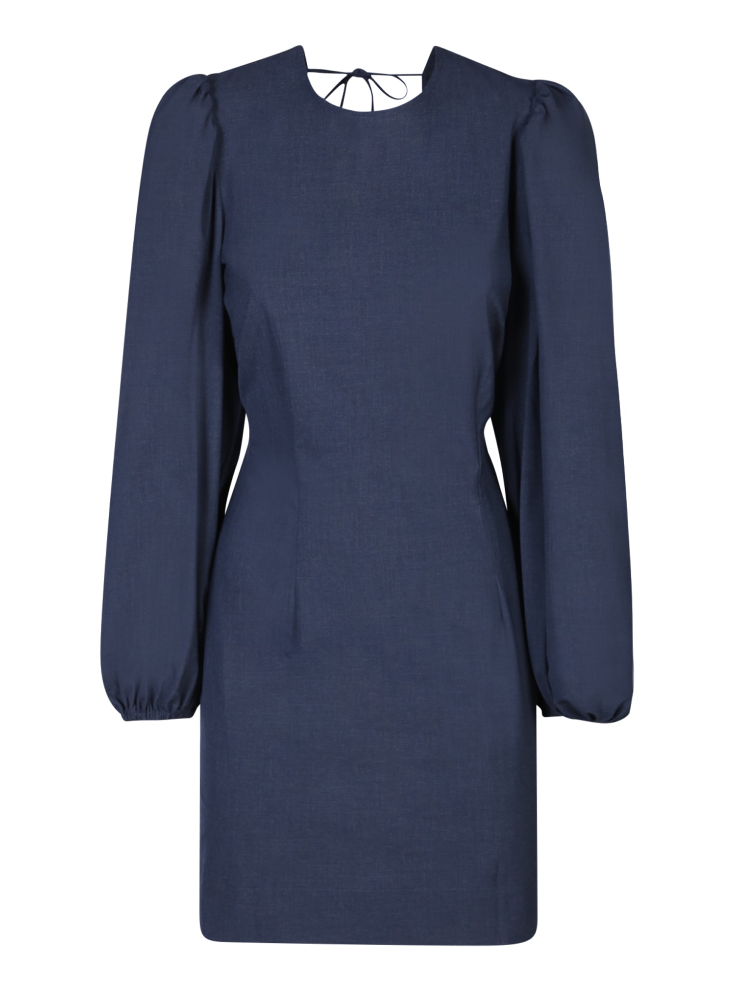 Ganni Mini Navy Blue Open-back Dress With Balloon Sleeves In Stretch Viscose Blend Woman In Blu