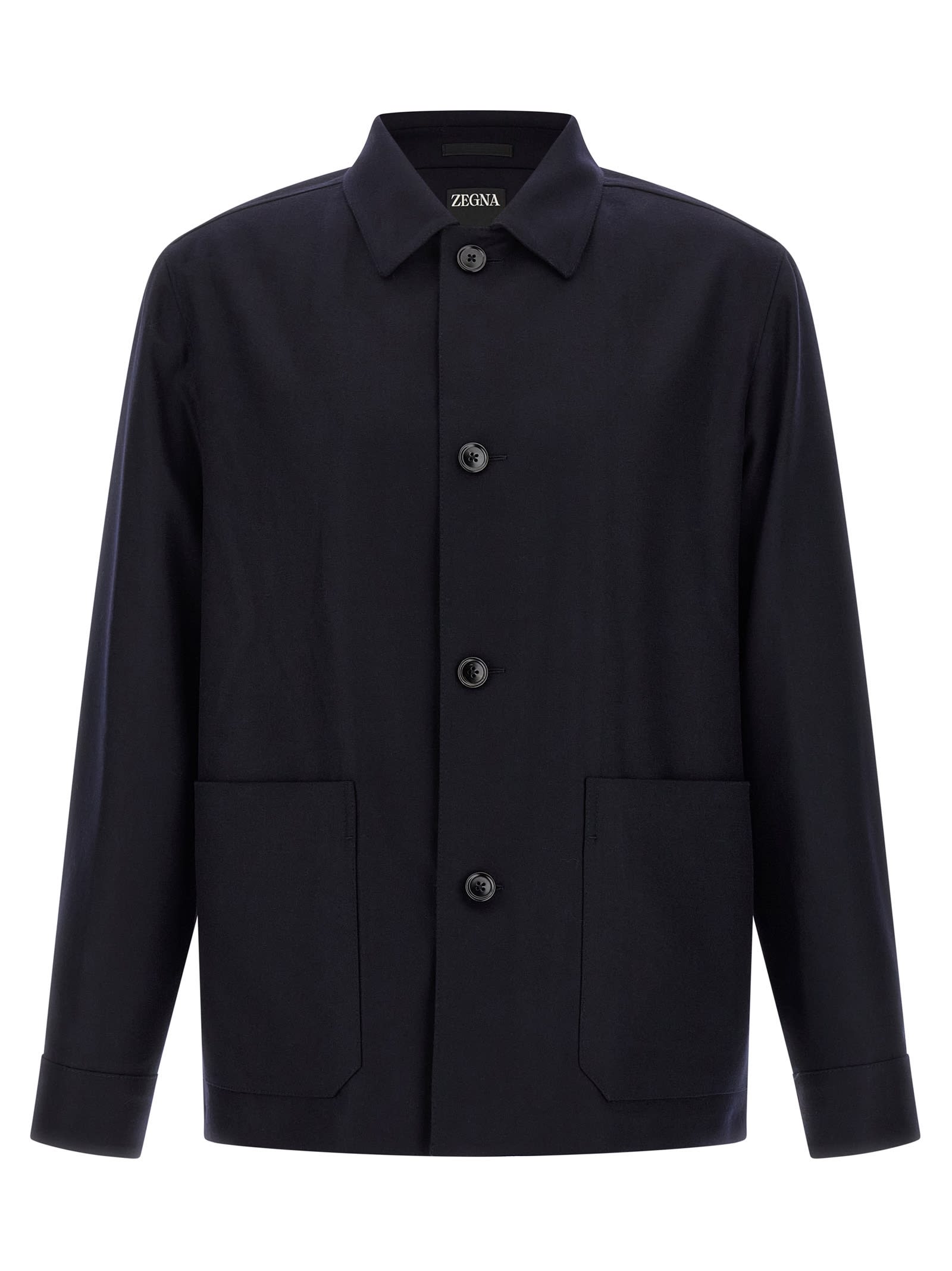 Zegna Overshirt With Collared Design And Pockets In Blue