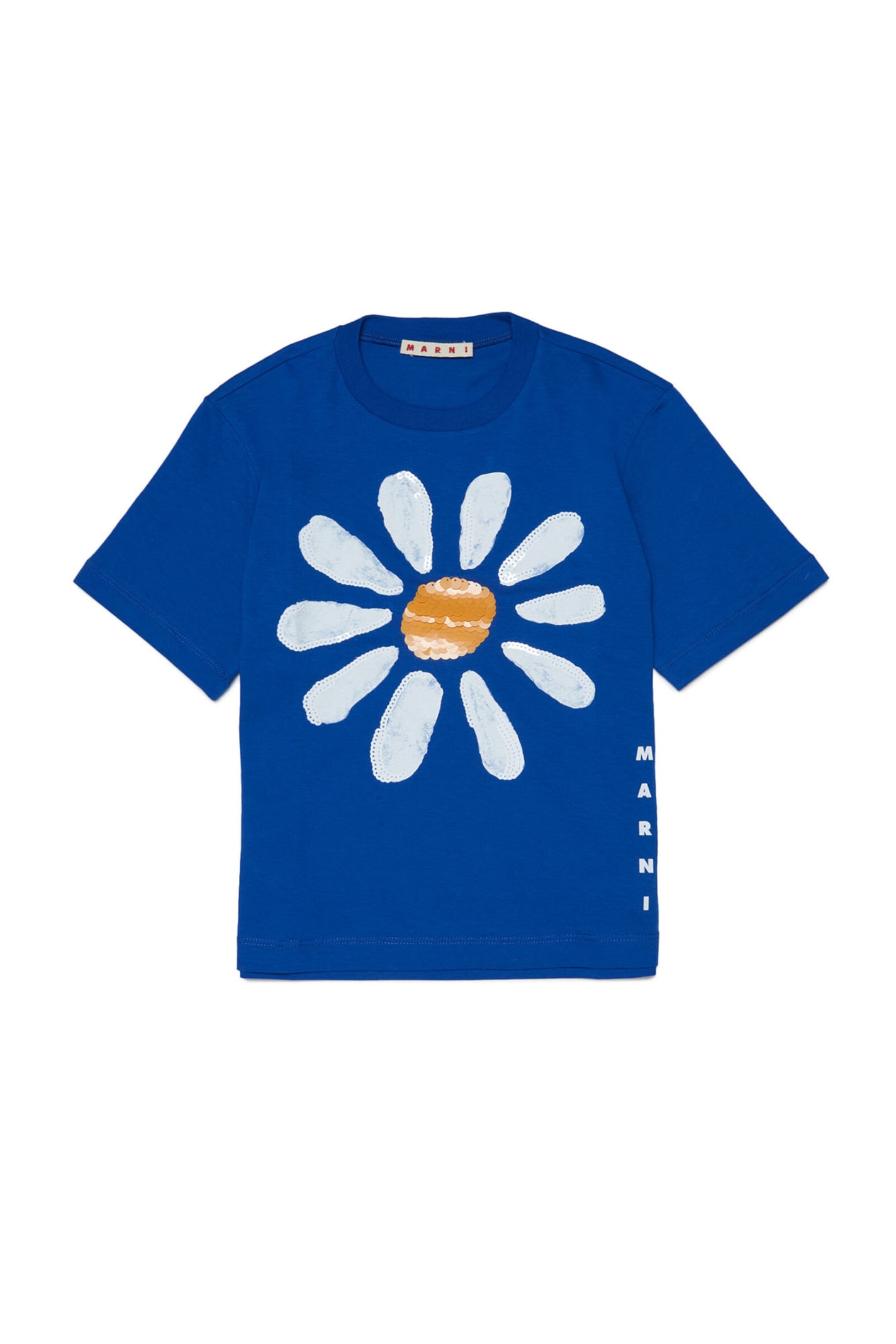MARNI MT216F T-SHIRT MARNI BLUE JERSEY T-SHIRT WITH FLORAL PRINT AND SEQUIN APPLIQUÉ