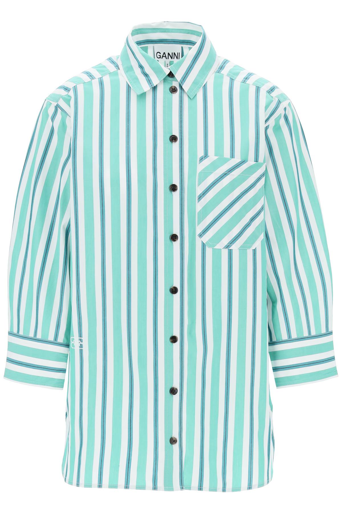 Shop Ganni Oversized Striped Poplin Shirt In Creme De Menthe (white)