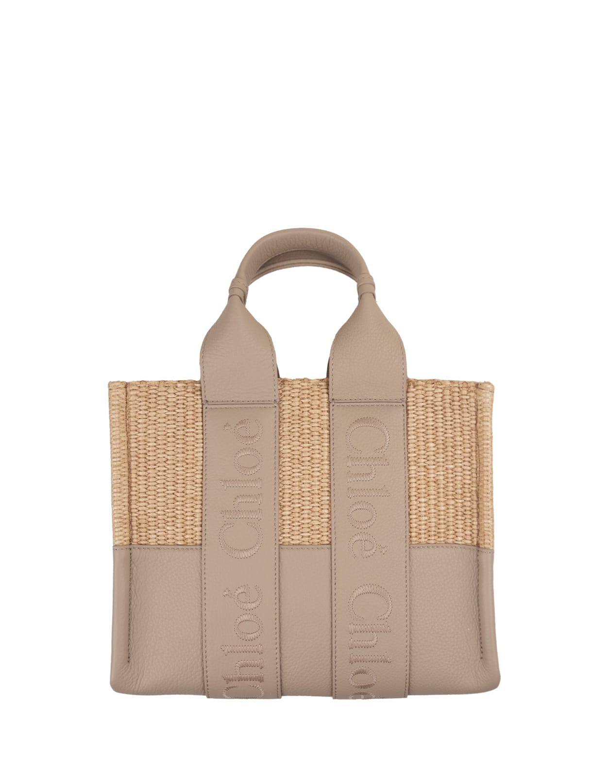 Shop Chloé Woody Small Tote Bag In Leather And Raffia With Embroidered Logo In Grey