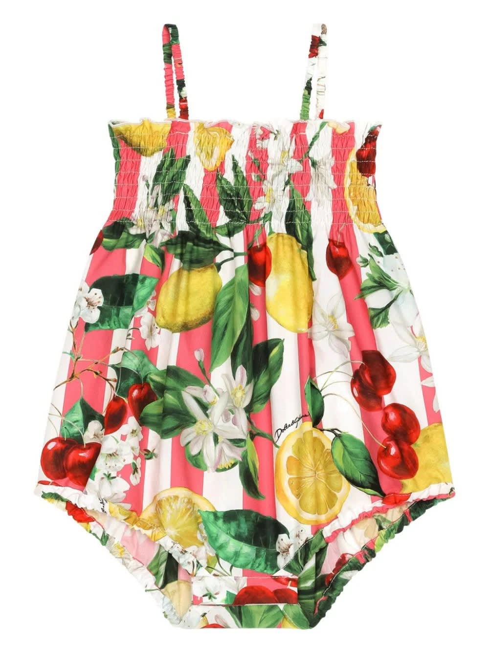 Dolce & Gabbana Babies' Poplin Romper With Lemon And Cherry Print In Multicolour