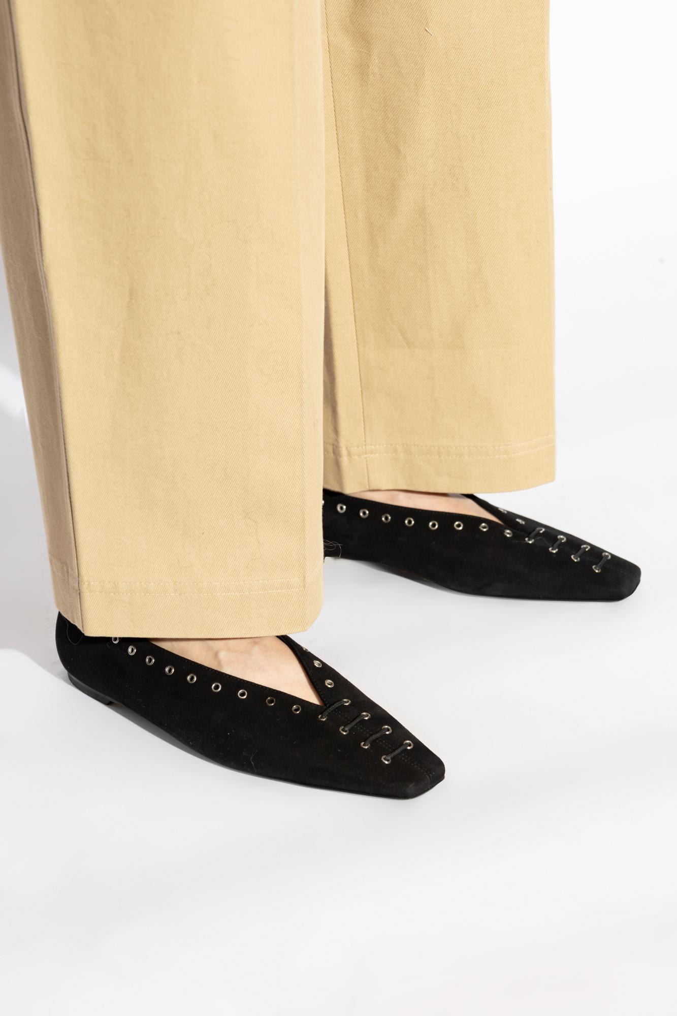 Totême Lace-up Eyelet-embellished Suede Ballet Flats In Black