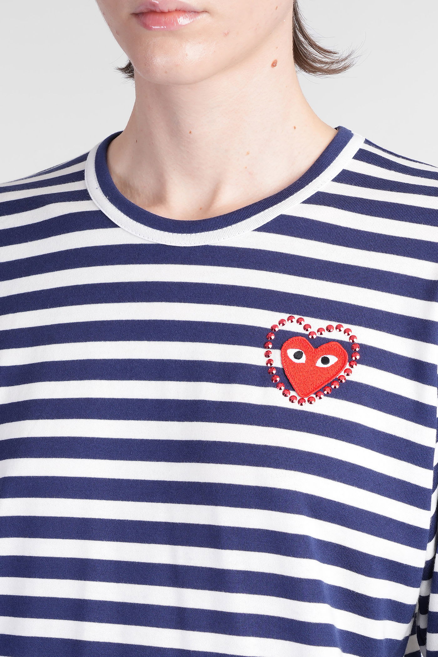 Comme Des Garçons Play Rhinestones Heart Striped T-shirt In Blue