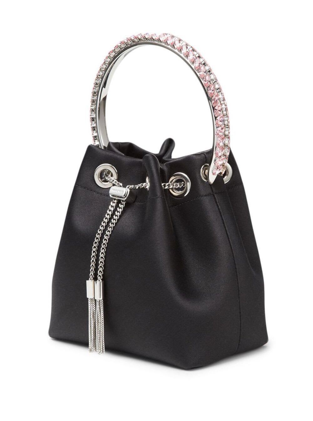 Jimmy Choo Bon Bon Mini Black Handbag With Metal Crystal Bracelet Handle In Satin Fabbric Woman