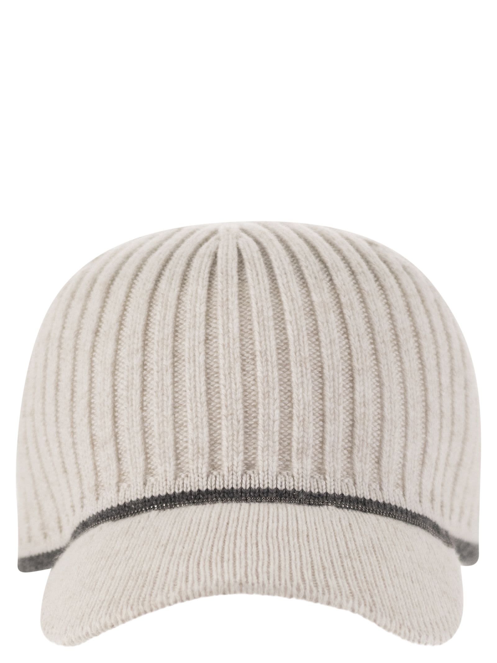 Shop Brunello Cucinelli Ribbed Virgin Wool, Cashmere And Silk Knit Baseball Cap With Jewel In Pearl