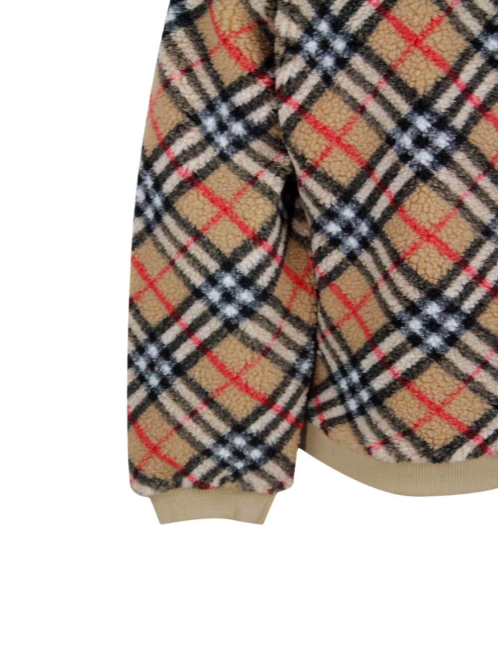Shop Burberry Long-sleeved Crew-neck Sweater In Fleece With Check Pattern And Ribbed Fabric Cuffs In Beige
