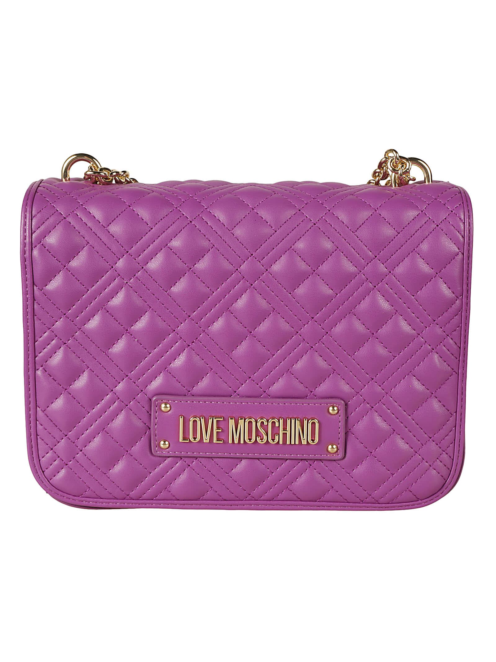 Shop Love Moschino Logo Embossed Quilted Chain Shoulder Bag In Purple