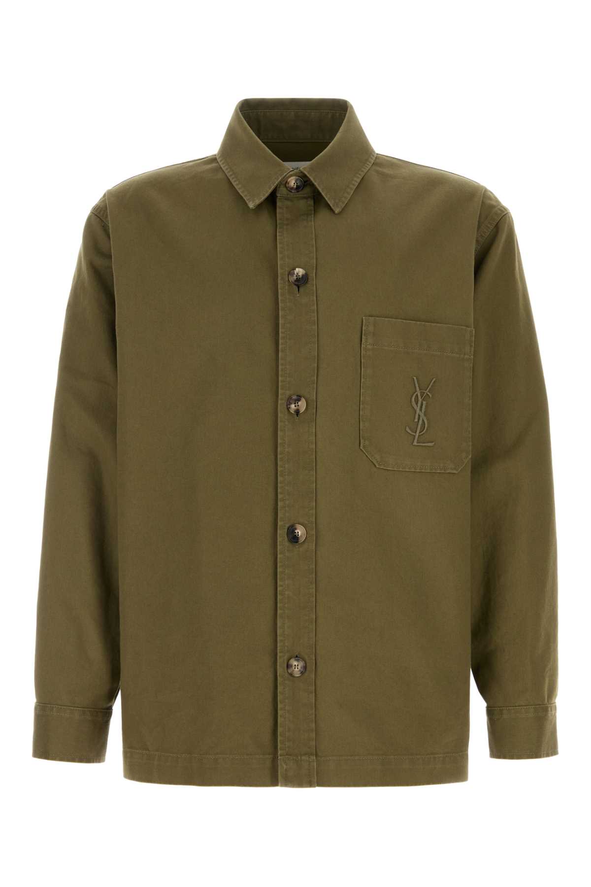 Saint Laurent Green Shirt With Classic Collar And Cassandre Embroidery On The Front In Cotton Man In Green