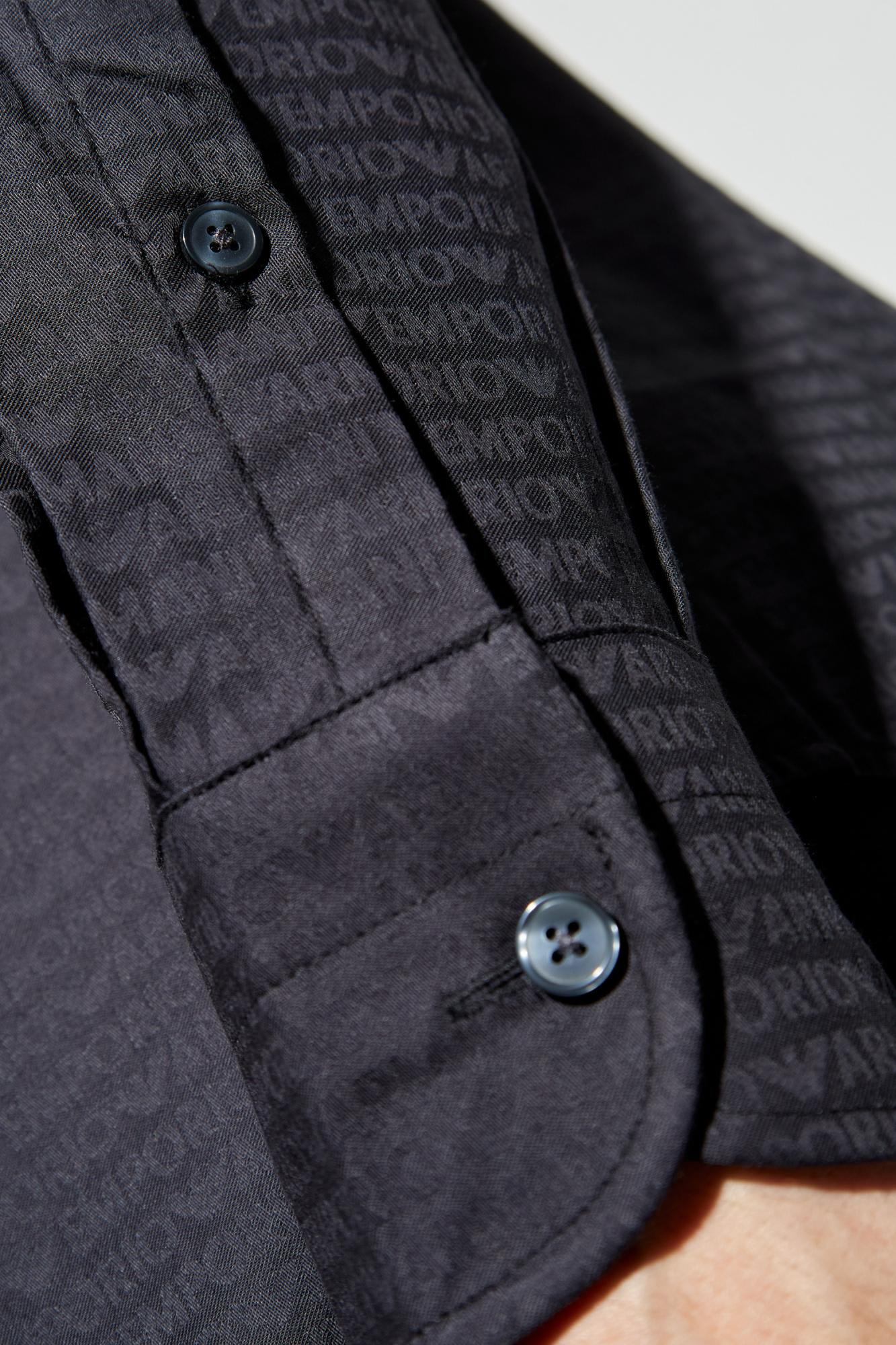 Emporio Armani Cotton Shirt With All-over Logo In Blue In Black
