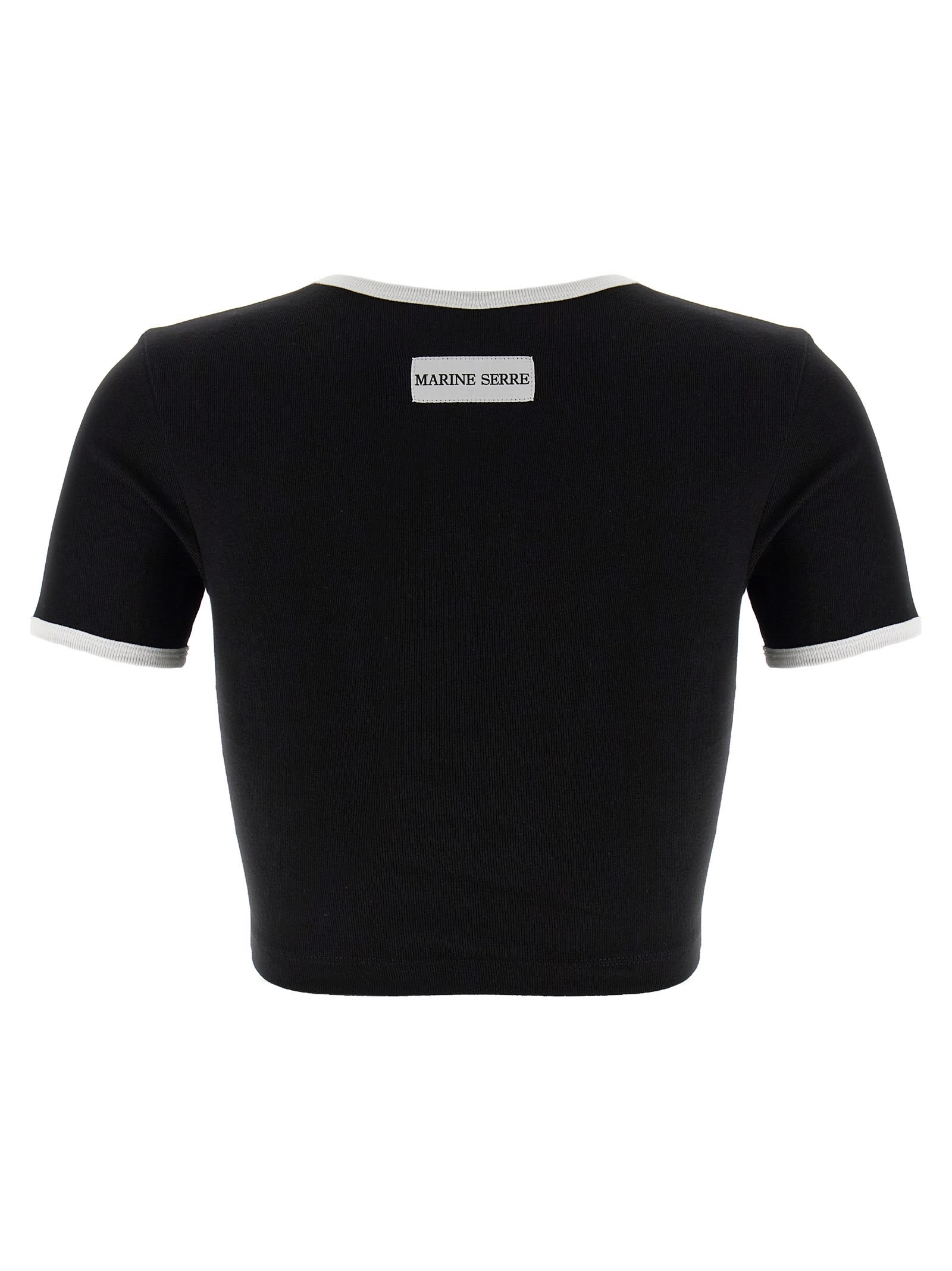 Marine Serre Women Black Cropped Crewneck T-shirt With Logo Embroidery On The Front In Cotton Woman In Black