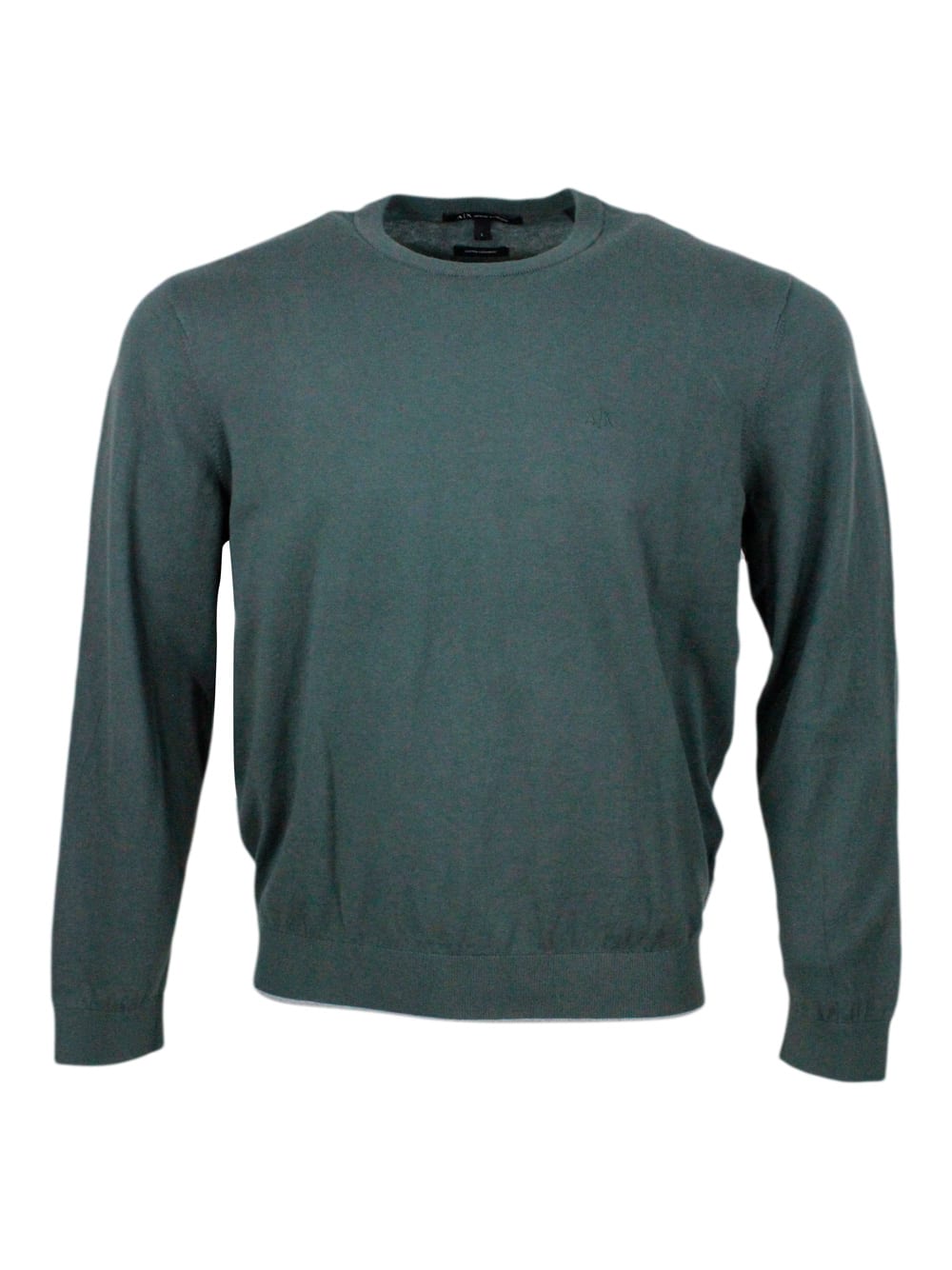 Shop Armani Collezioni Lightweight Long-sleeved Crew-neck Sweater Made Of Warm Cotton And Cashmere With Contrasting Color P In Verde Urban Chic