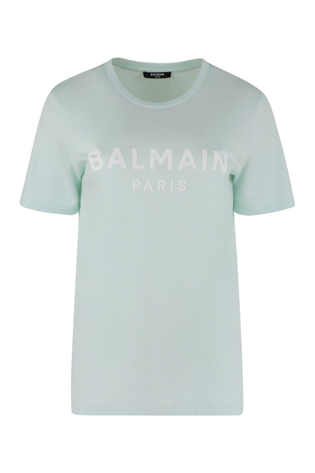 Balmain Logo Printed Crewneck T-shirt In Vert Pâle/blanc