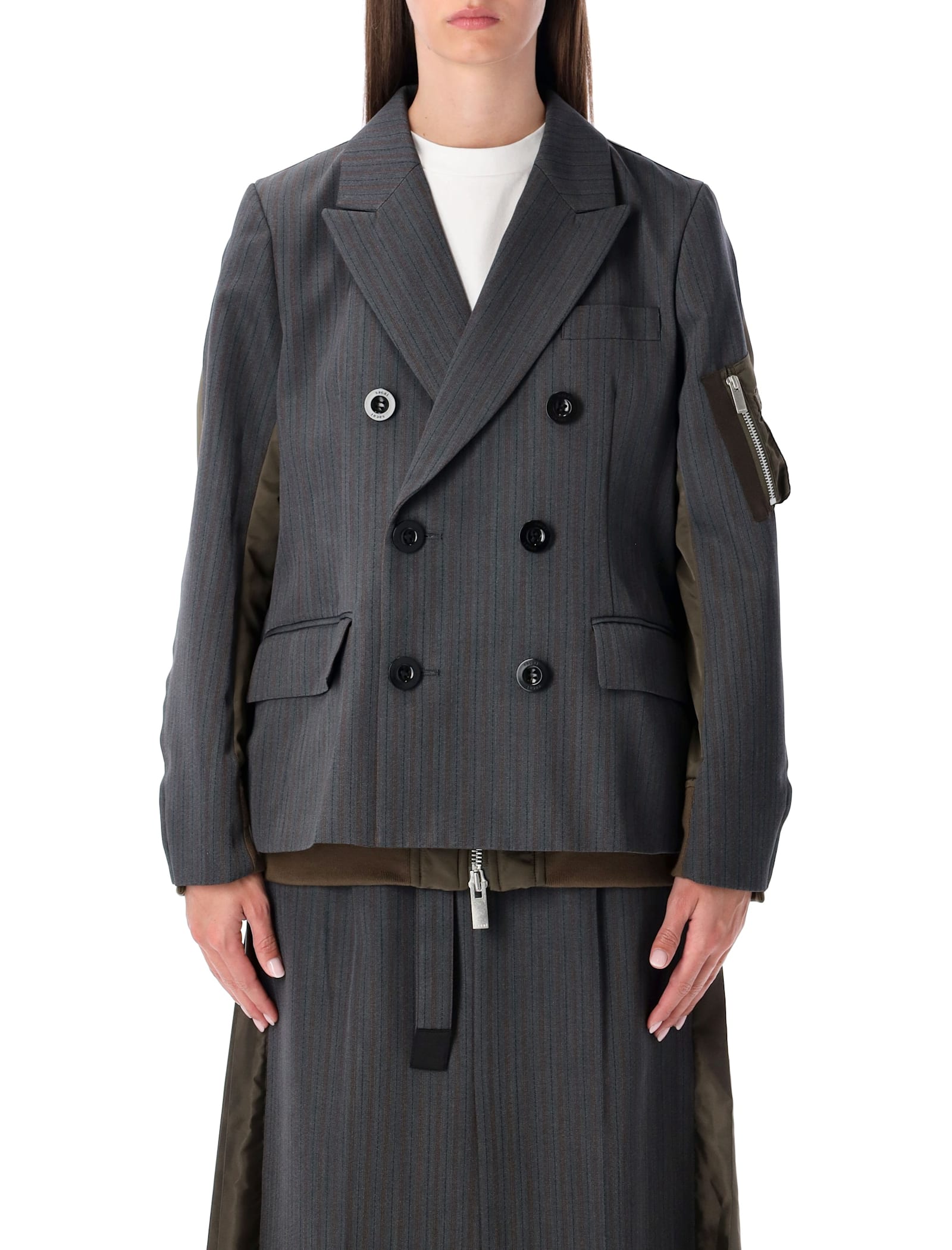 Sacai Wool And Twill Double-breasted Blazer In Gray