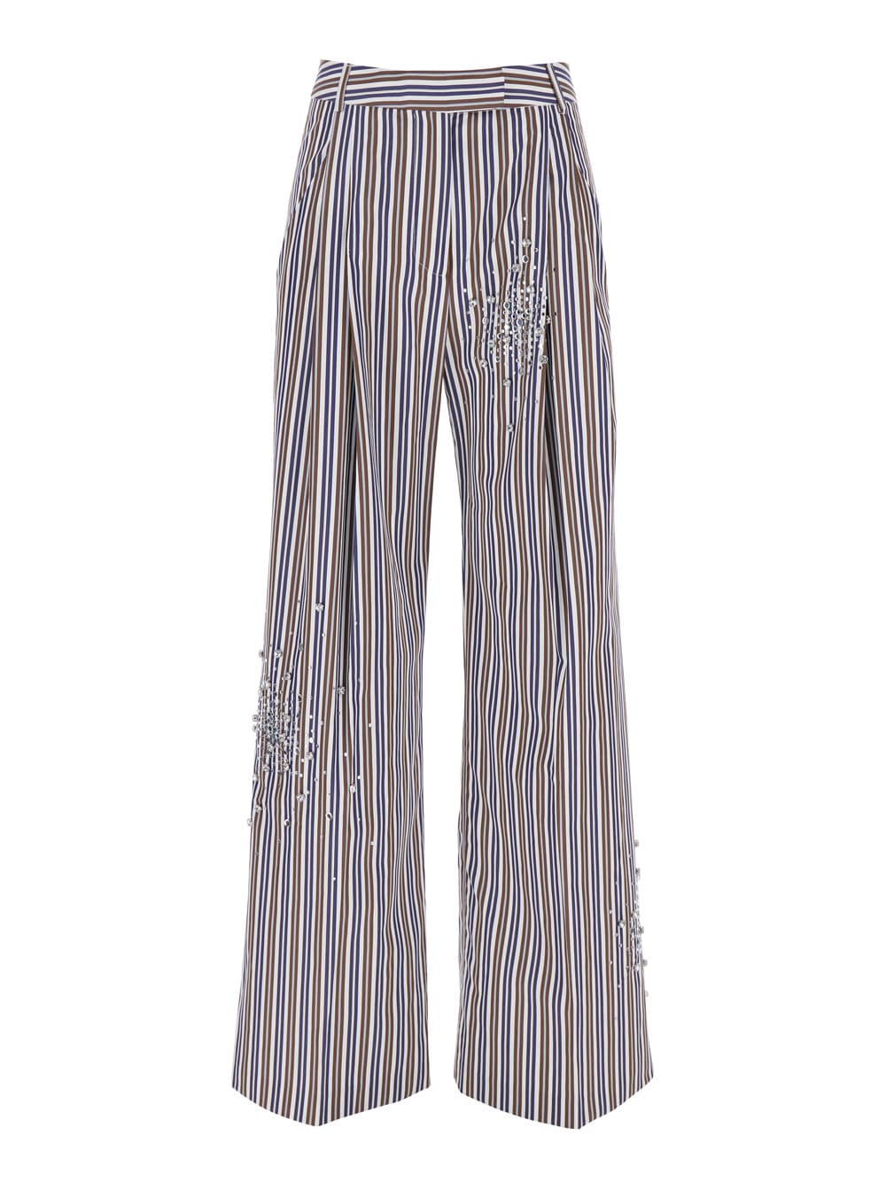 Des Phemmes Blue Pants With Faux-pearl Embellishments And All-over Striped Motif In Cotton Woman