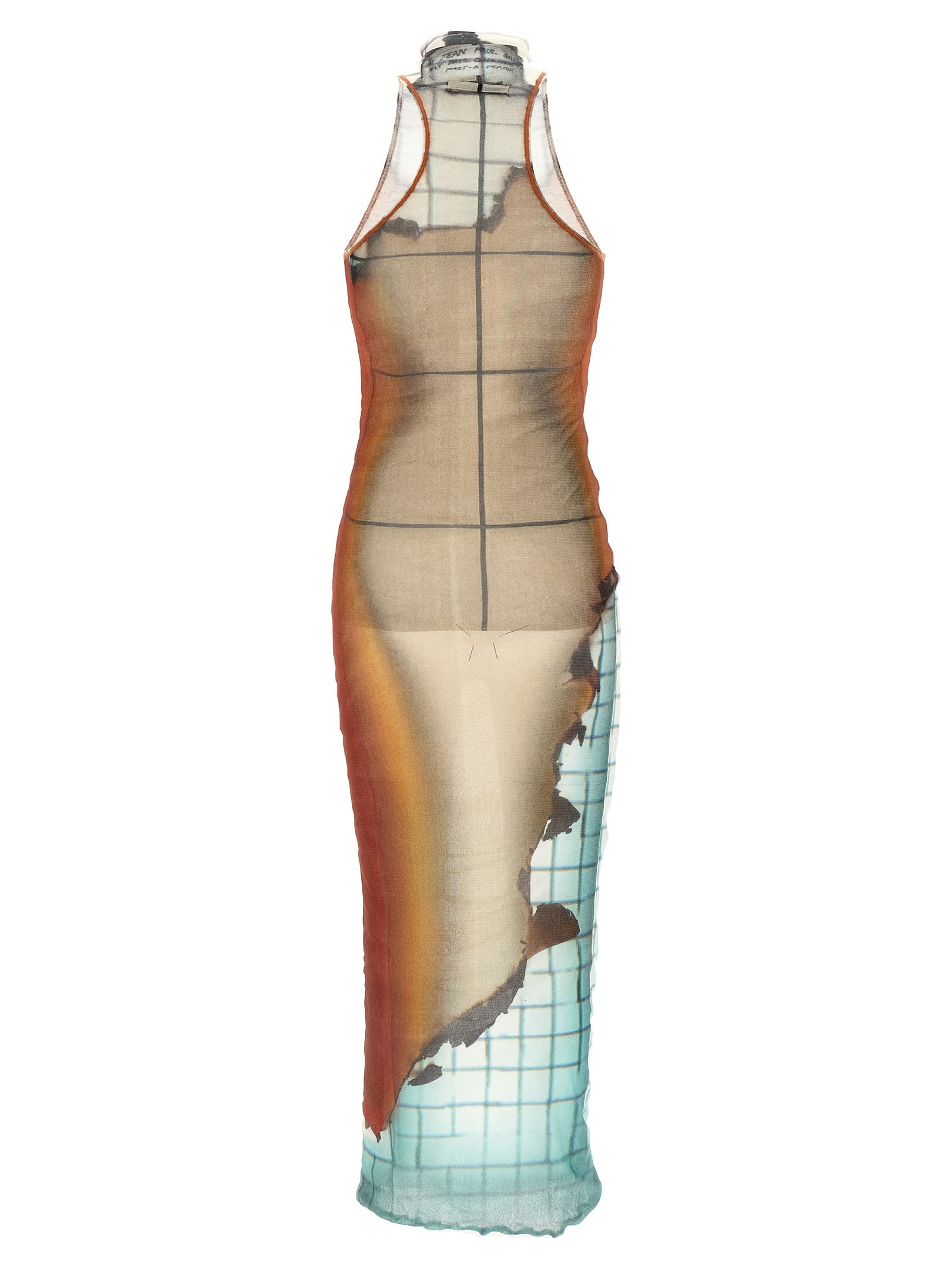 Jean Paul Gaultier Fire Printed Mesh Sleeveless Midi Dress In Multi