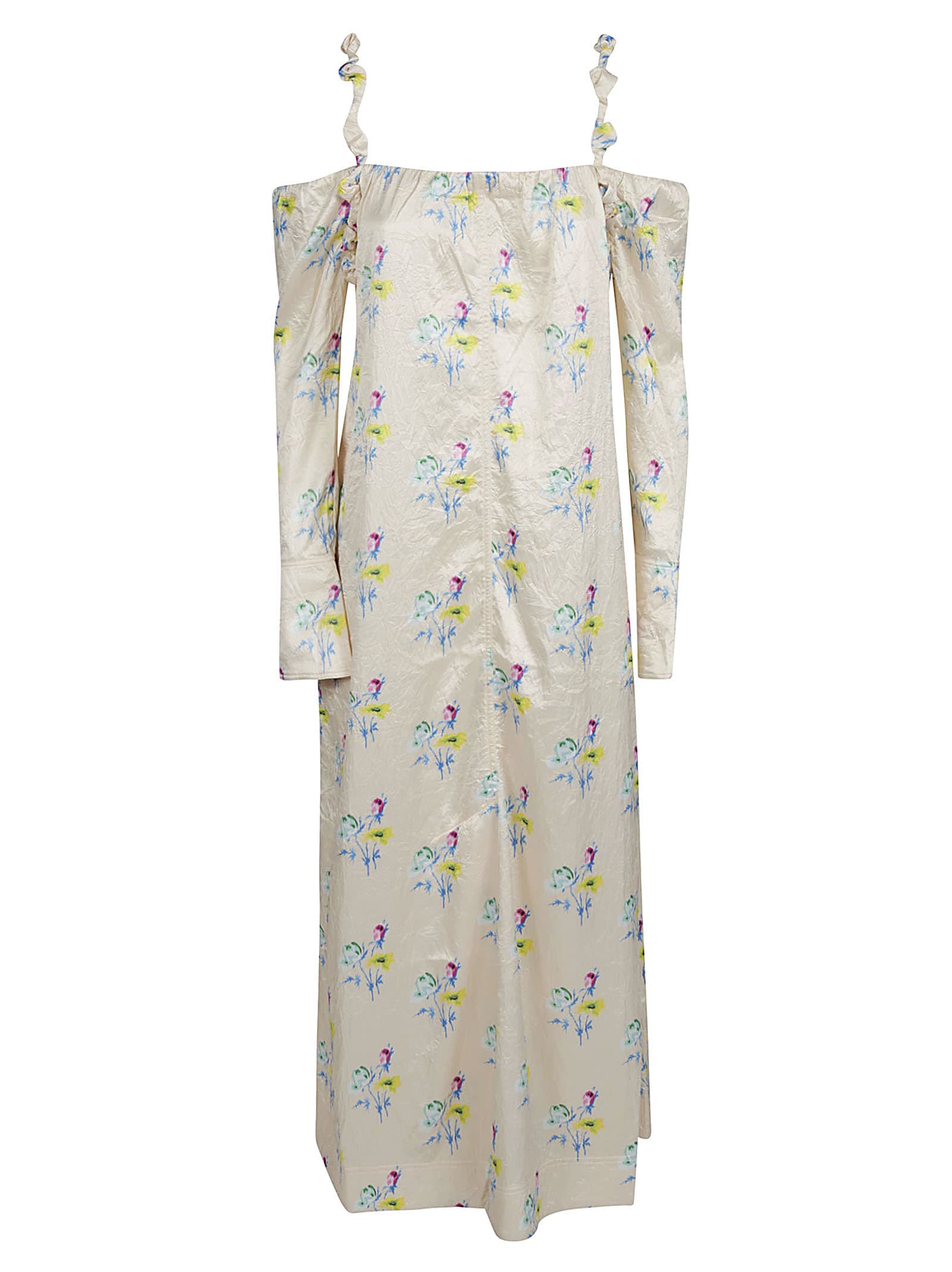 Ganni Off-shoulder Ruffle Strap Floral Print Long Dress In Multicolor